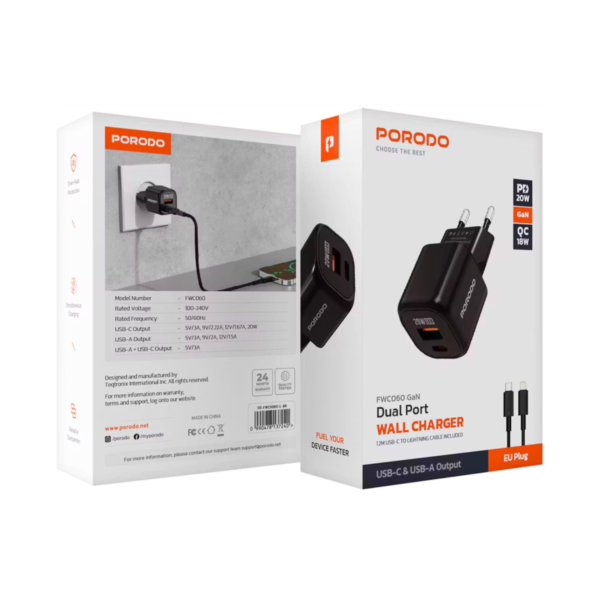 Porodo Dual-Port Wall Charger with Type-C to Lightning Included, 20W Power Delivery, EU Plug, QC 18W, Simultaneous Charging, Overheat Protection, USB-C & USB-A Outputs - Black