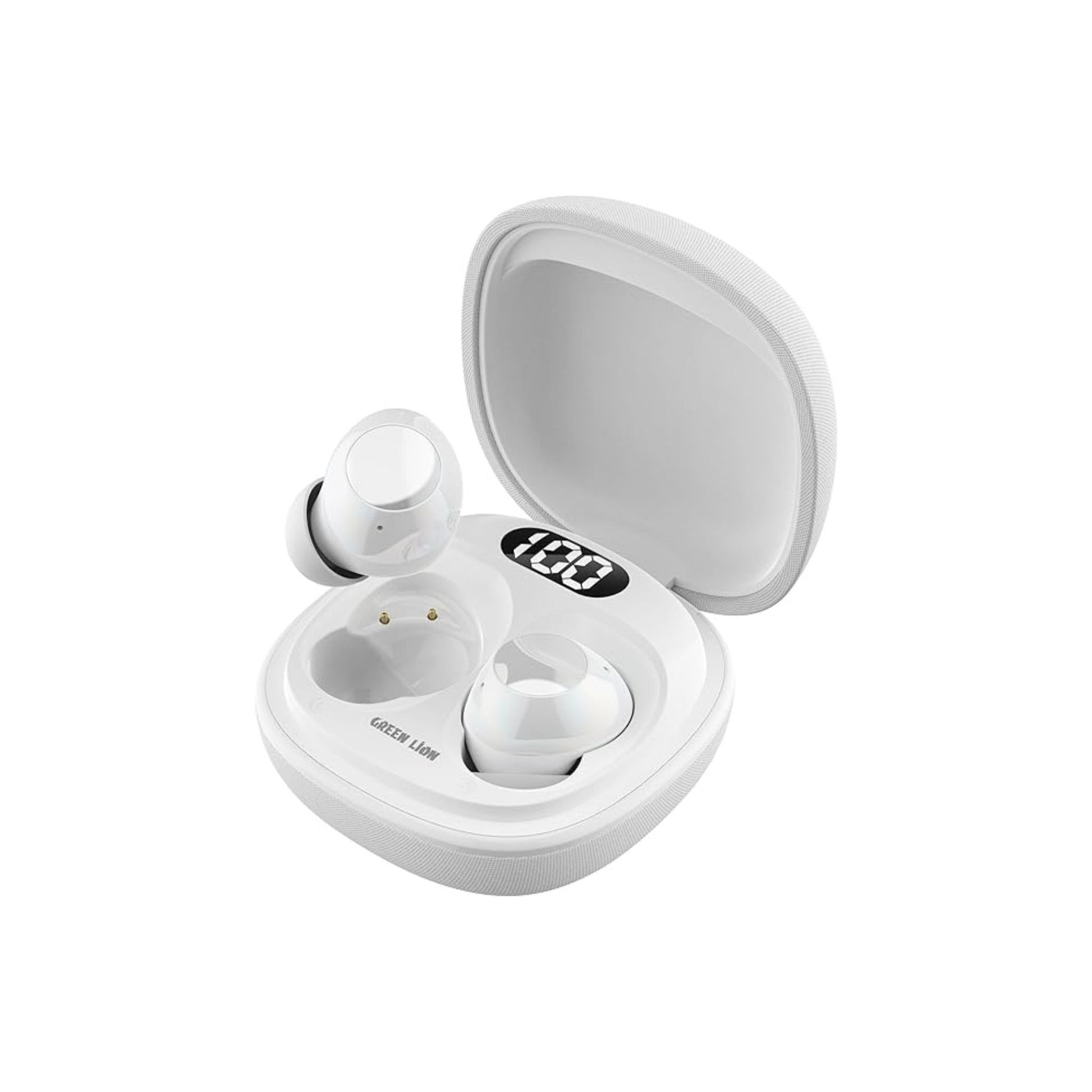 White wireless earbuds with charging case on a white background