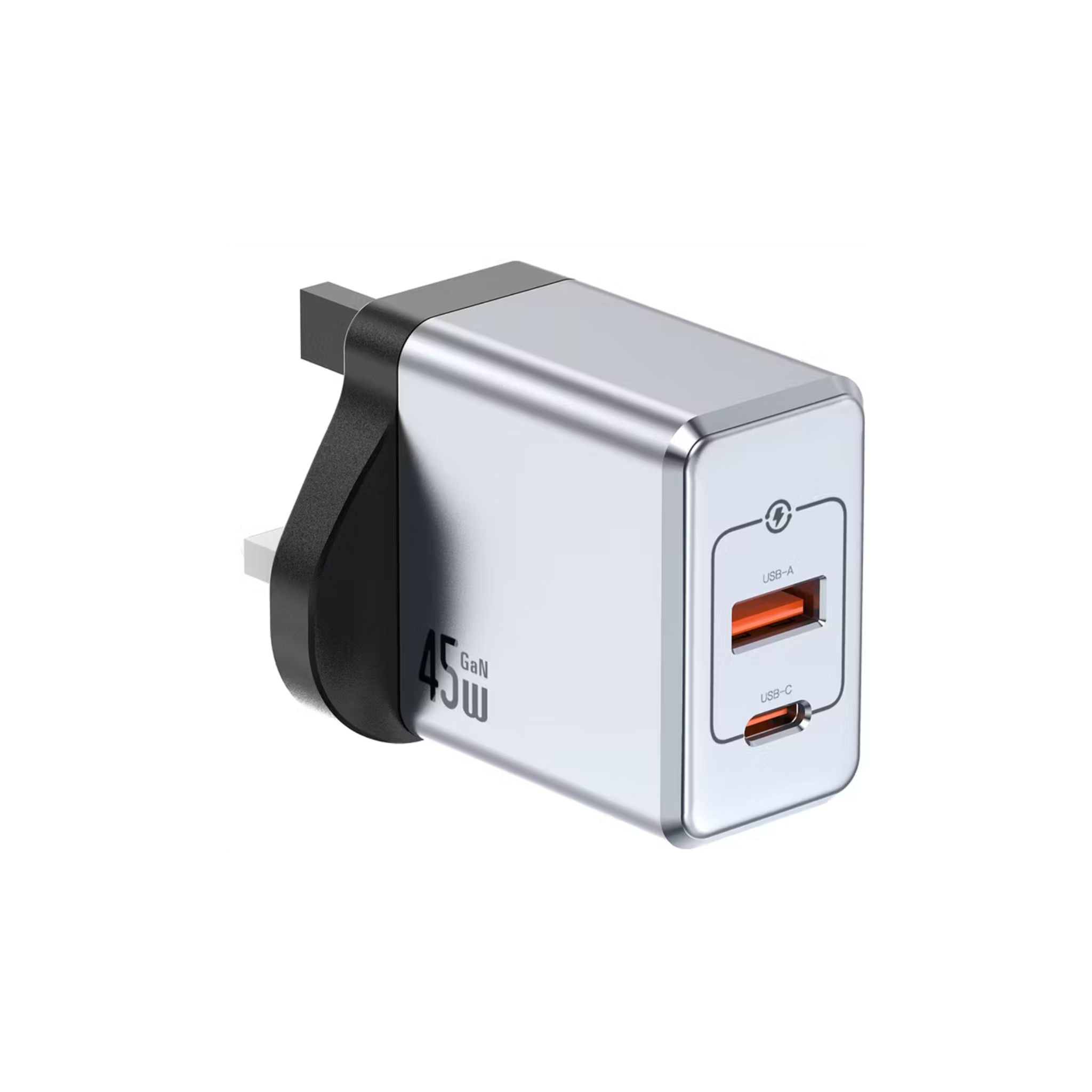 Green Lion GaN UK Plug Wall Charger with 45W Power Delivery, 0%-50% Charge in 30 Minutes, PC Flame Retardant Material, USB-C & USB-A Ports - Gray