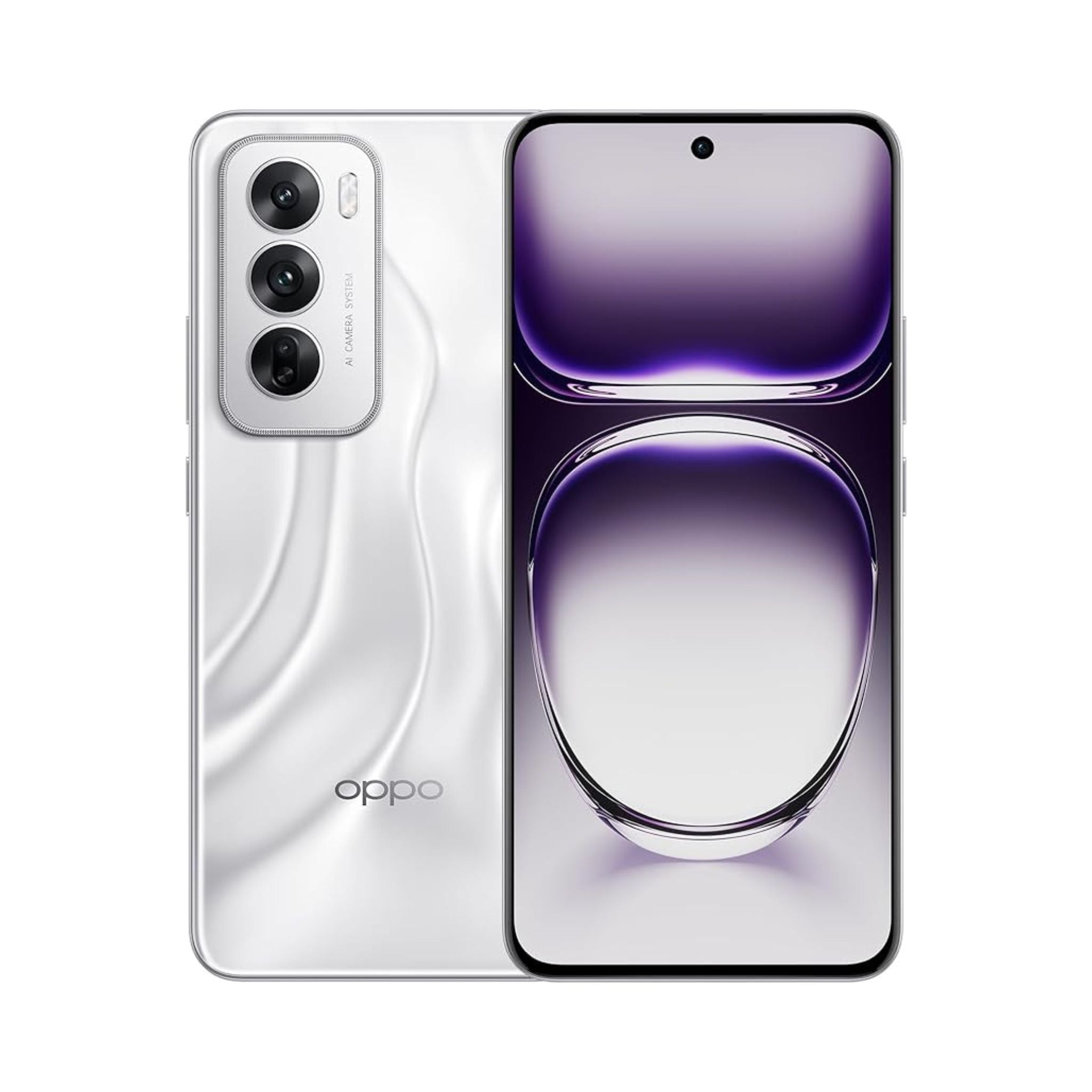 OPPO Reno12 Dual SIM smartphone in Astro Silver color with a clear front screen displaying the UI and multiple camera lenses on the back.