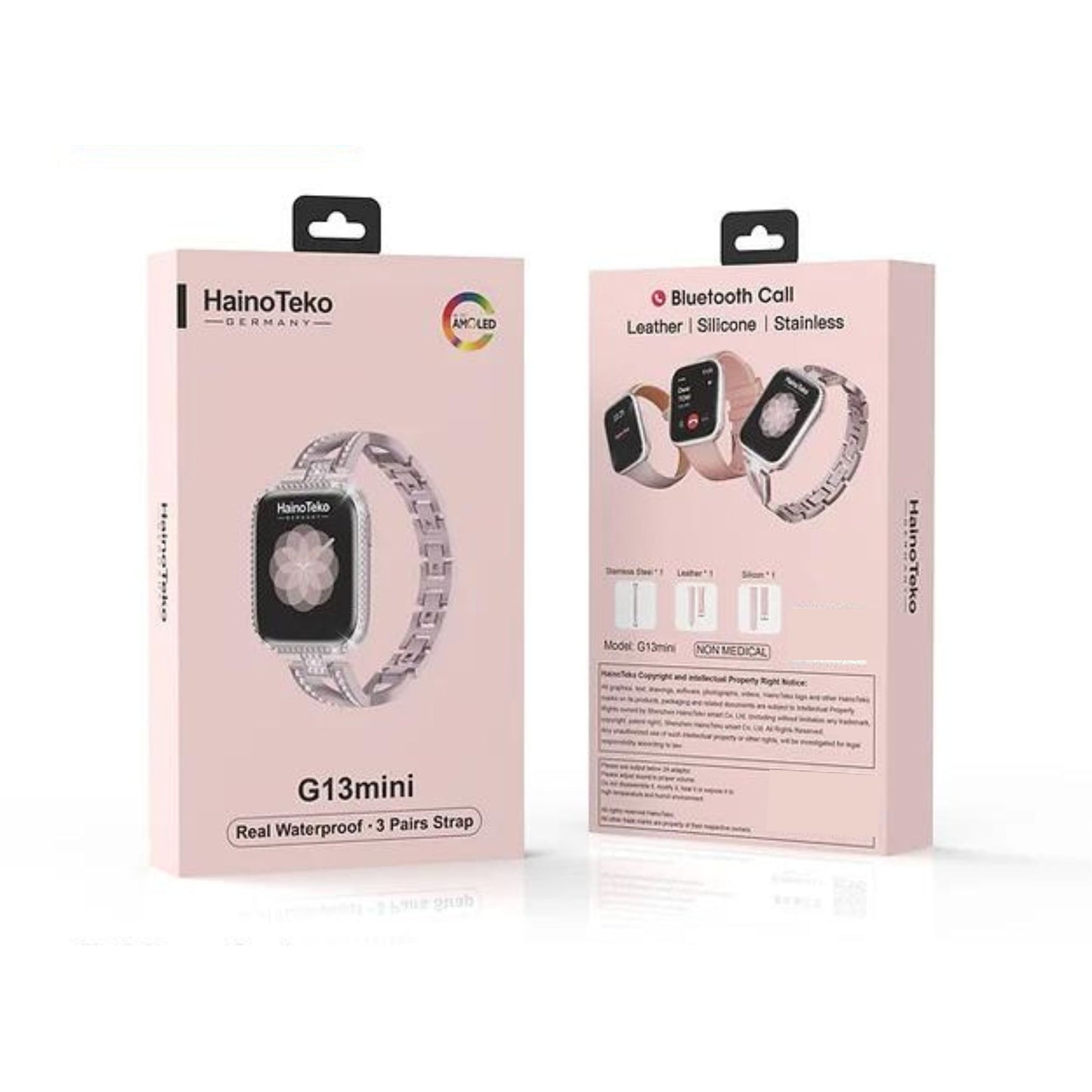 Haino Teko Germany G13MINI 3 Pairs Strap Smartwatch-Real Waterproof,HD IPS Amolded Display,Bluetooth Call_Pink