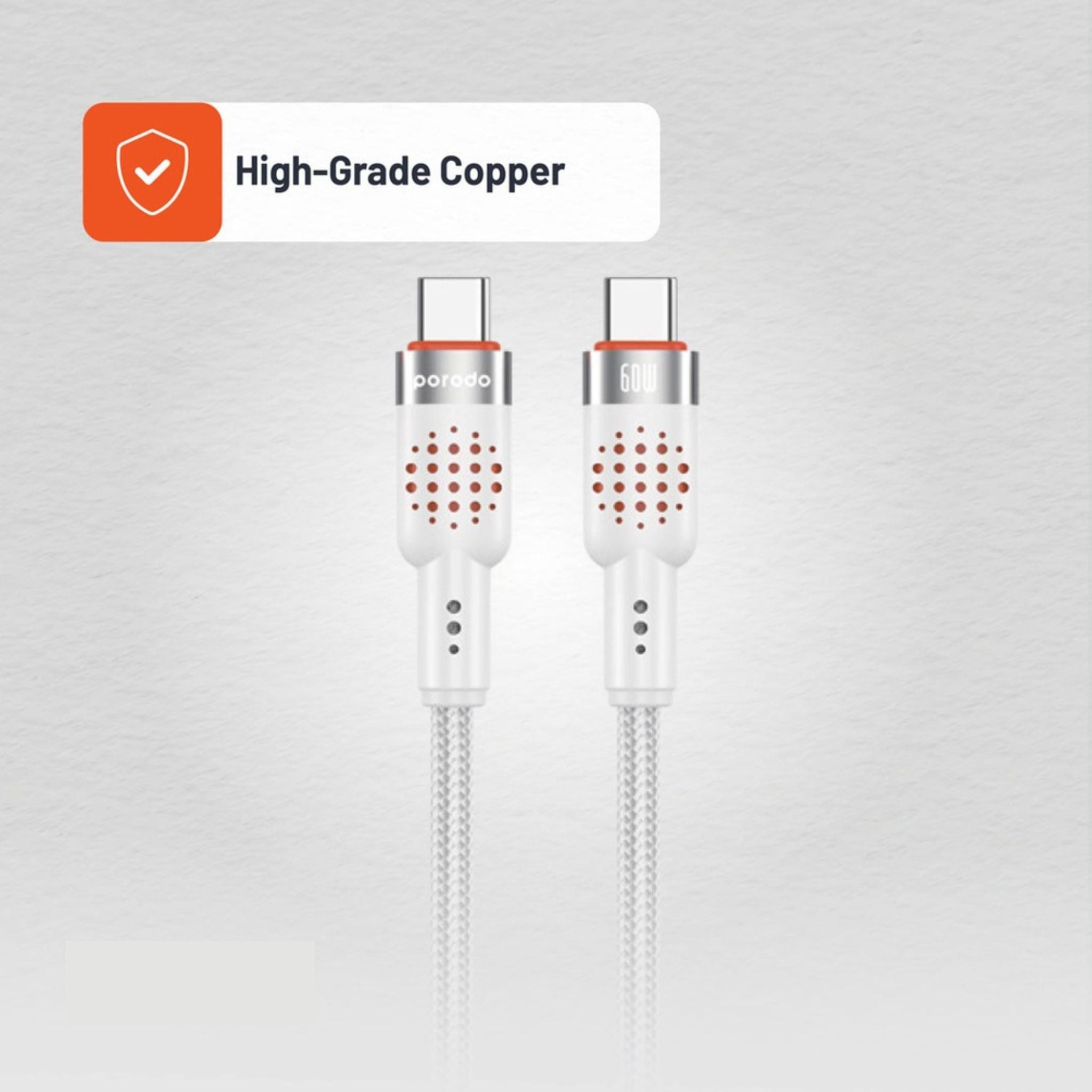 Porodo Aluminum Alloy Braided Cable Type-C to C 1.2m, PD 60W, 480Mbps Transfer Speed, more than 15000 Bends Life Span, Tangle Free - White
