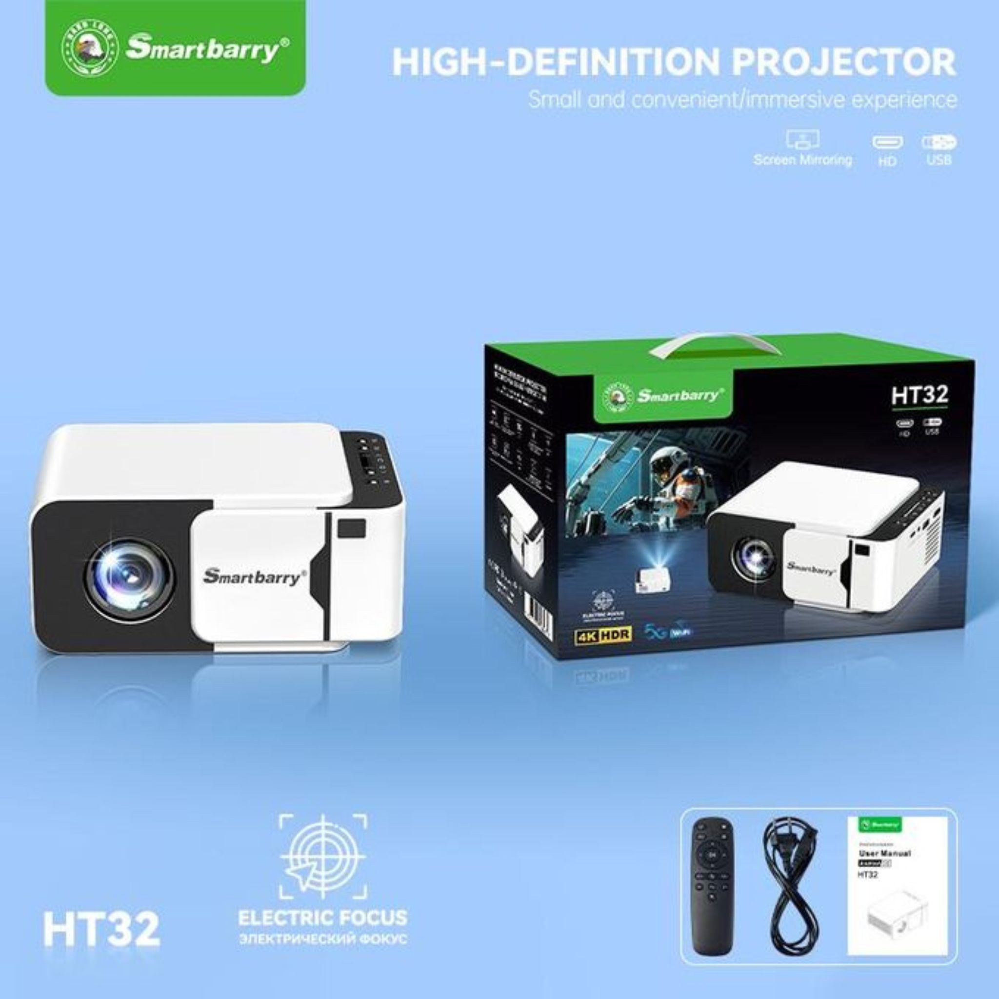 SmartBerry HT32 Real 4K HD Upgrade Portable Video Projector with Electric Focus, 180" Display Supported, Compatible with TV Stick/HDMI/USB/Screen Mirroring for Home Cinema