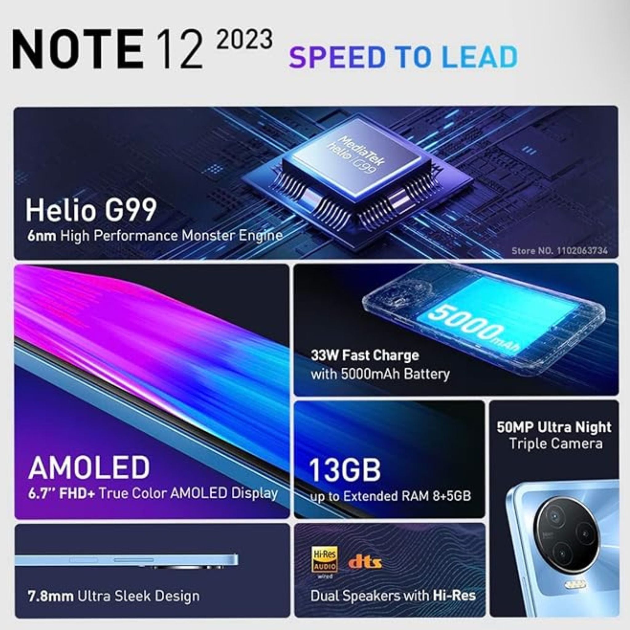 Infinix Note 12 2023 4G (256GB+12GB) Amolded Display & Sleek Design (8GB+5GB) -Tuscany Blue