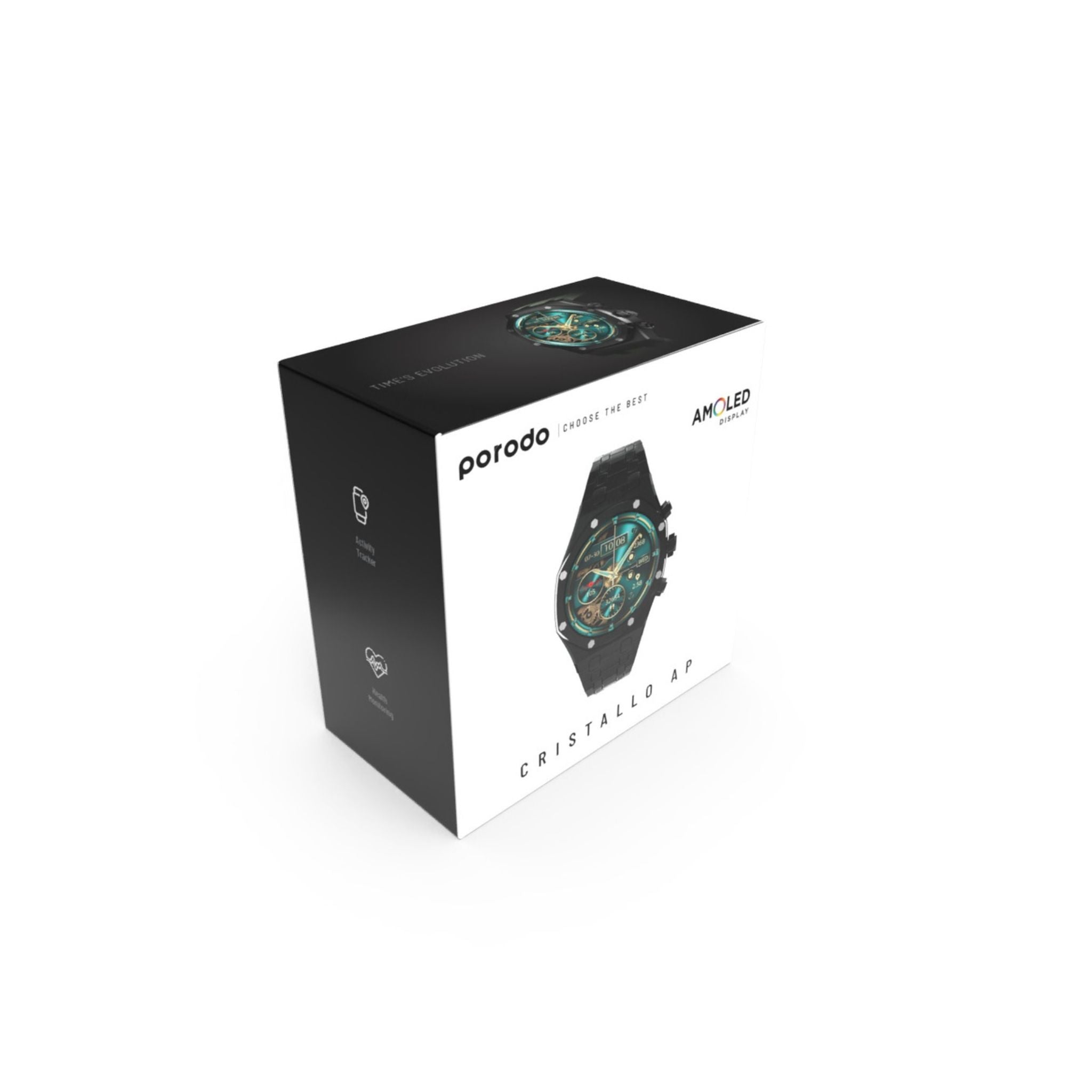 Porodo Cristallo AP Smart Watch 49mm with 1.43" AMOLED Display, 466x466p Resolution, 260mAh Lithium Polymer Battery, Bluetooth V3.0, V5.0, IP68, 128MB Flash Memory, 7-15 Days Working Time - Black