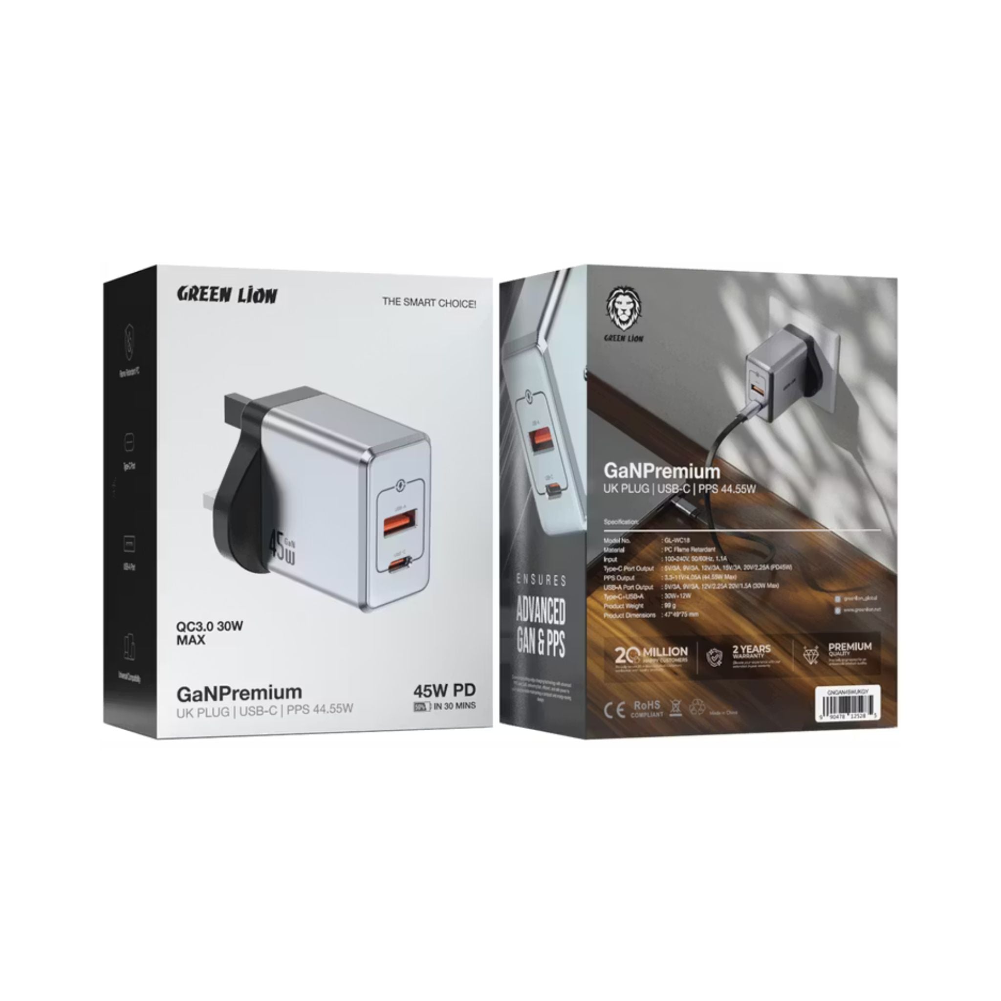 Green Lion GaN UK Plug Wall Charger with 45W Power Delivery, 0%-50% Charge in 30 Minutes, PC Flame Retardant Material, USB-C & USB-A Ports - Gray