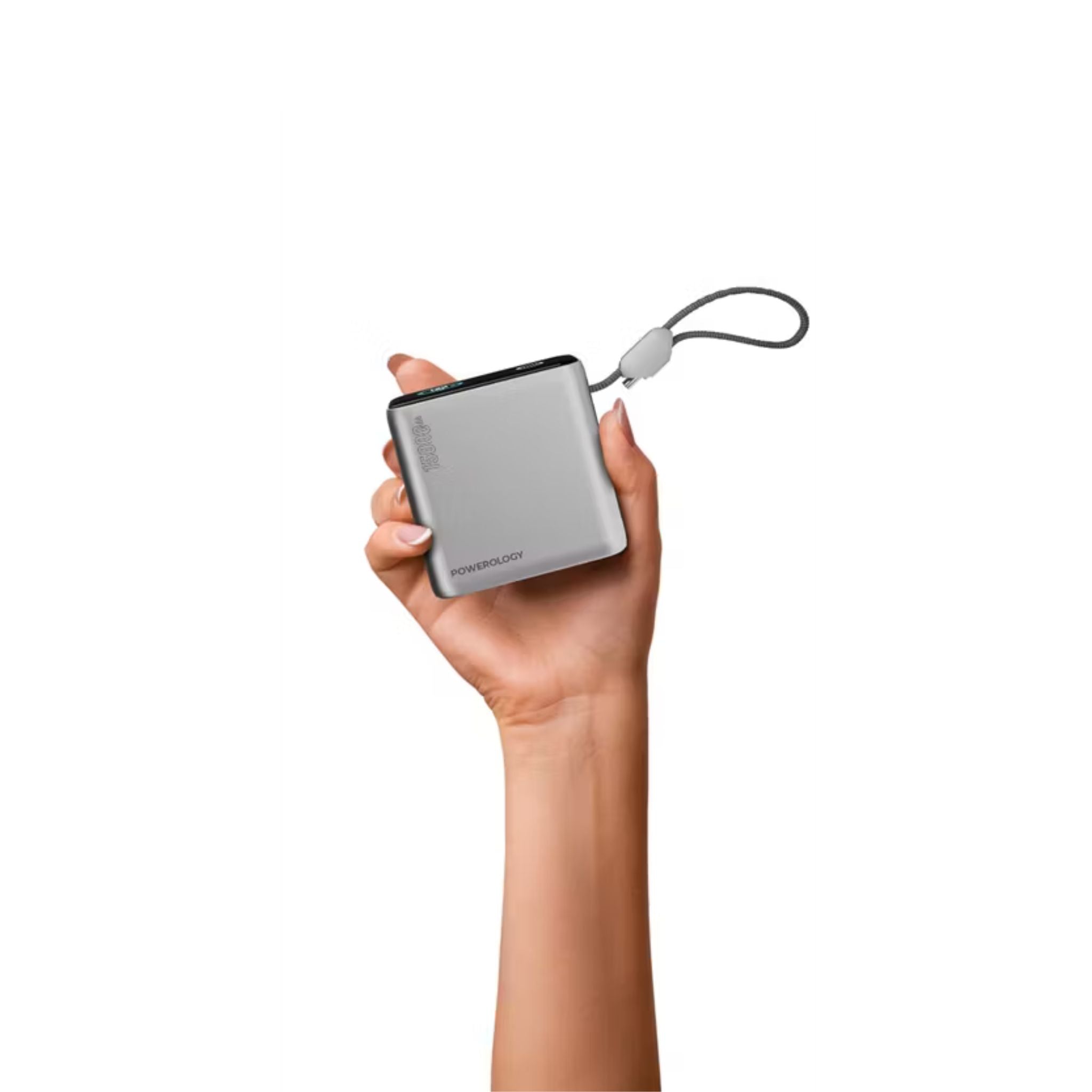 Powerology 15000mAh Mini Power Bank with Multiple Charging Ports, Universal Compatibility, Advanced Safety Features, Smart TFT Display, Built-in USB-C Cable - Gray