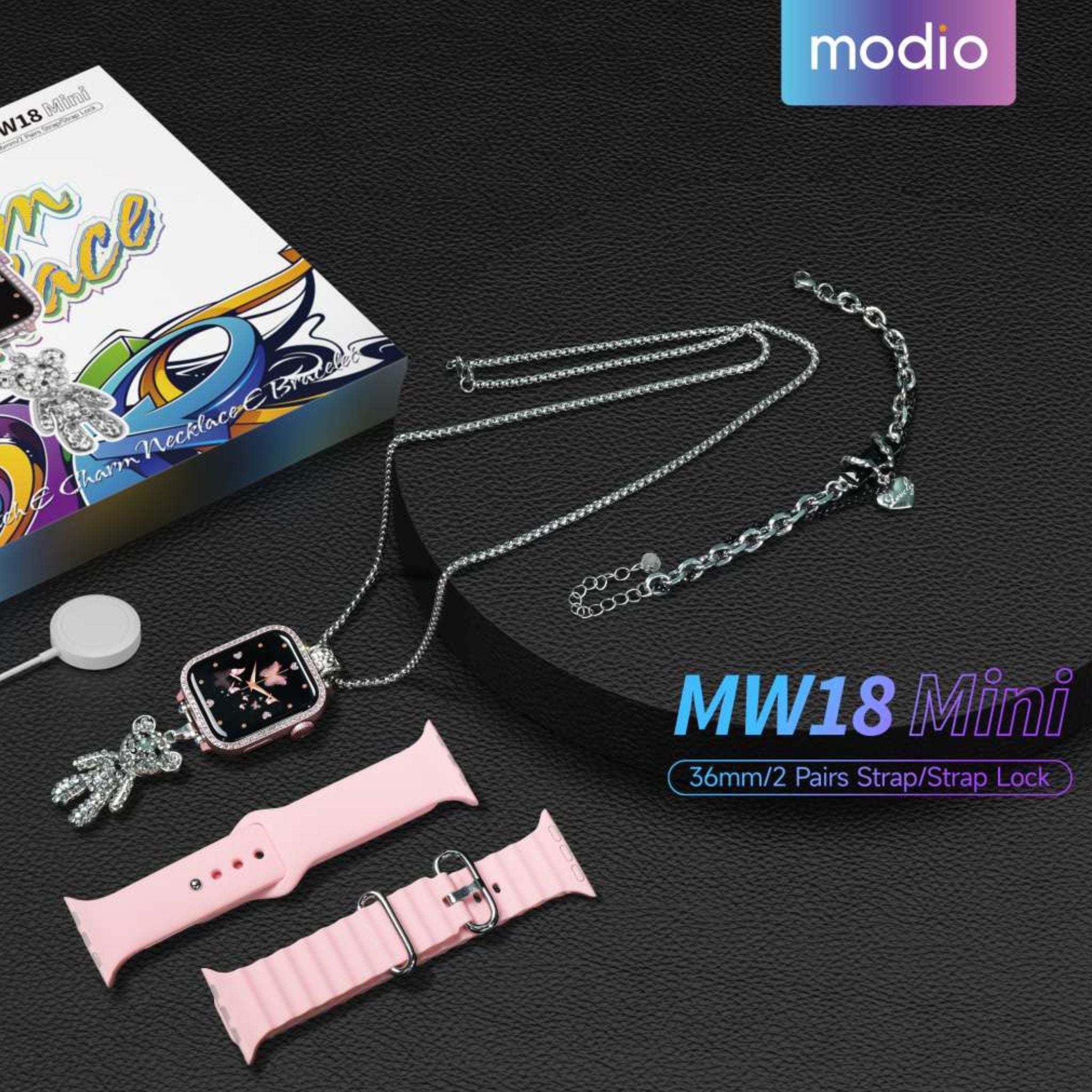 MODIO MW18 Mini 36 mm HD Display Smart Watch with 2 Pair Strap and Stylish Chain Necklace and Bracelet with Wireless Charger