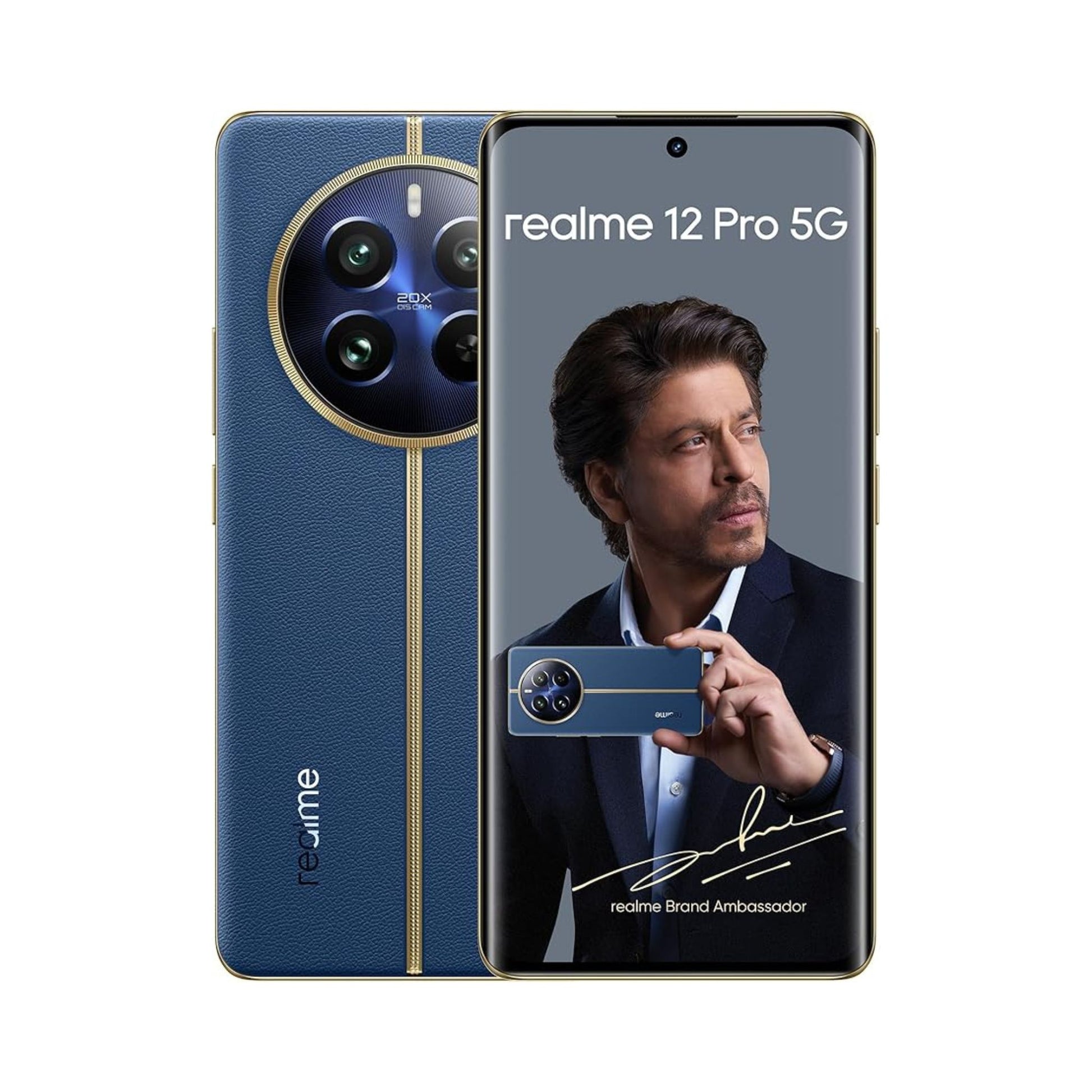 Realme 12 Pro 5G smartphone with a blue back and brand ambassador on the screen