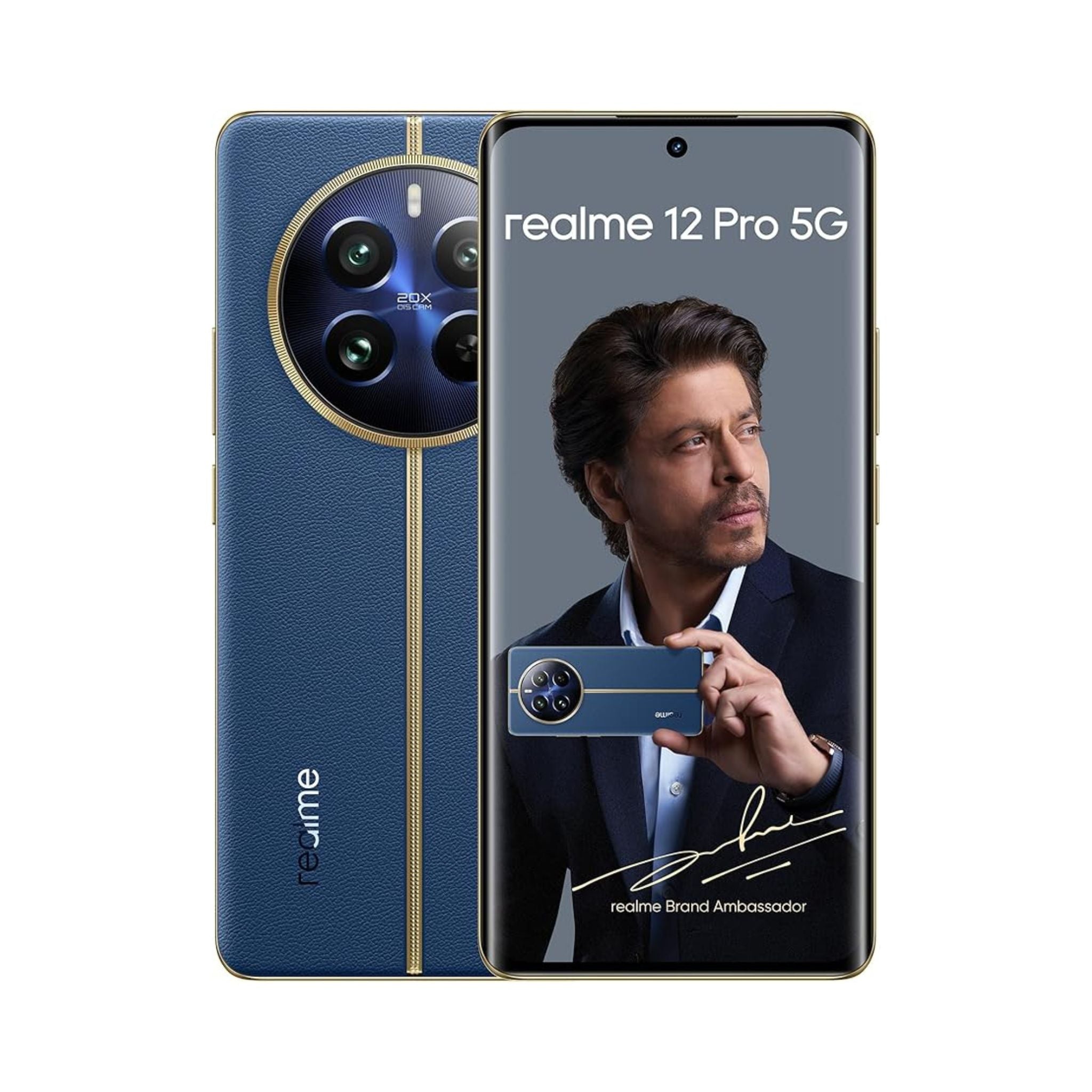 Realme 12 Pro 5G smartphone with a blue back and brand ambassador on the screen
