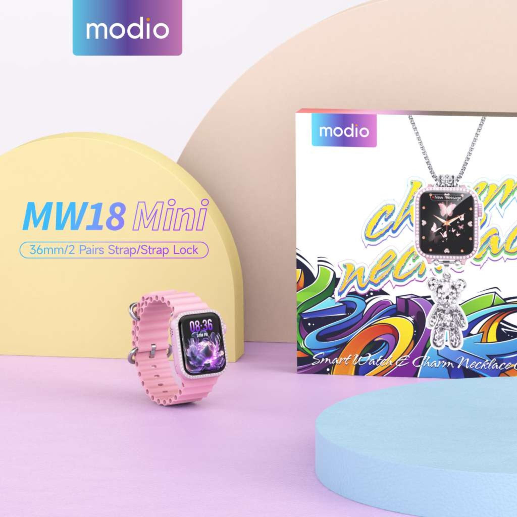 MODIO MW18 Mini 36 mm HD Display Smart Watch with 2 Pair Strap and Stylish Chain Necklace and Bracelet with Wireless Charger