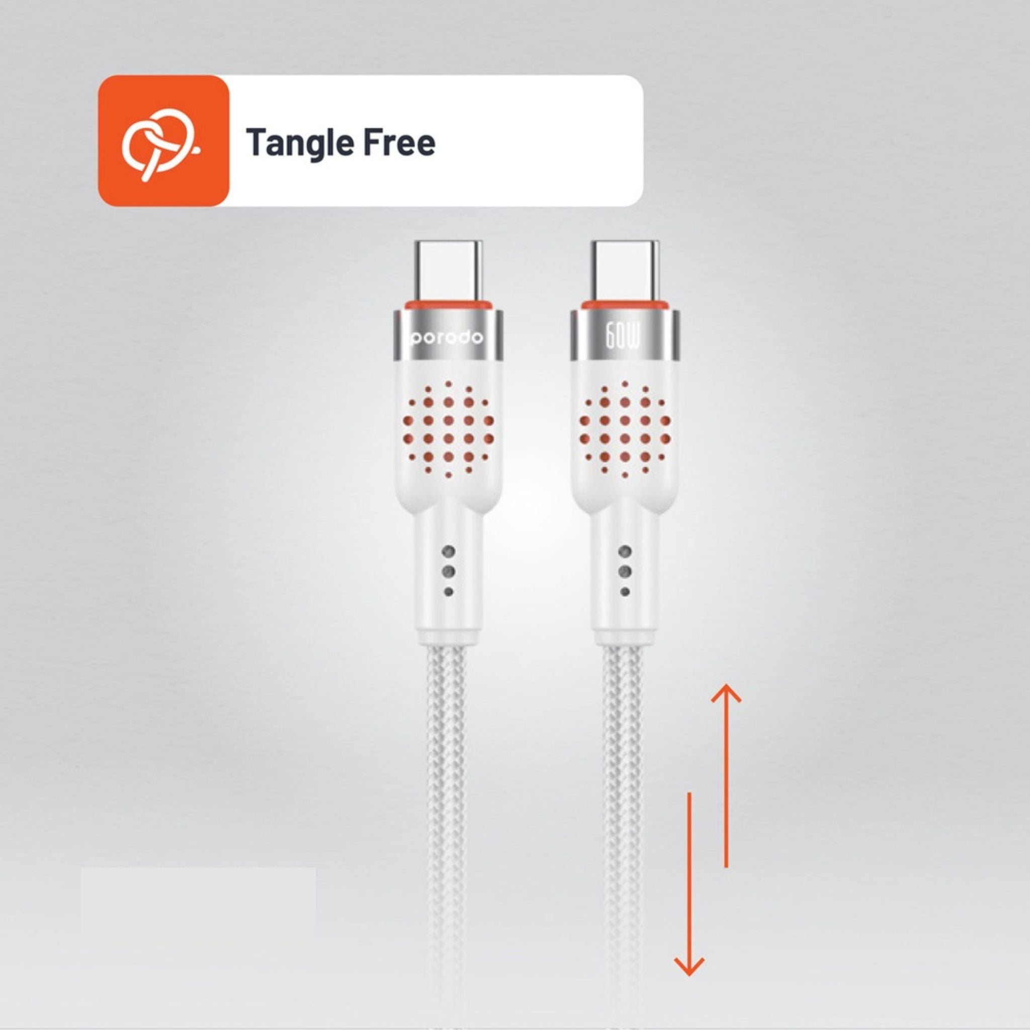 Porodo Aluminum Alloy Braided Cable Type-C to C 1.2m, PD 60W, 480Mbps Transfer Speed, more than 15000 Bends Life Span, Tangle Free - White