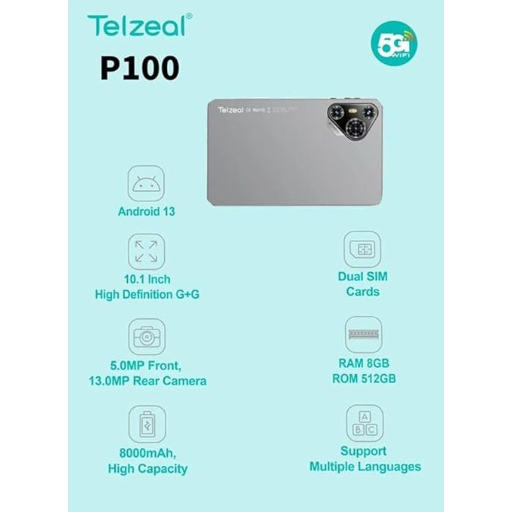 Telzeal P100 10.1 Inch Android 13 Tablet with 5G WiFi and Dual SIM 8GB RAM 512GB ROM 8000 mAh High Capacity Battery Wireless Keyboard and Mouse_Grey