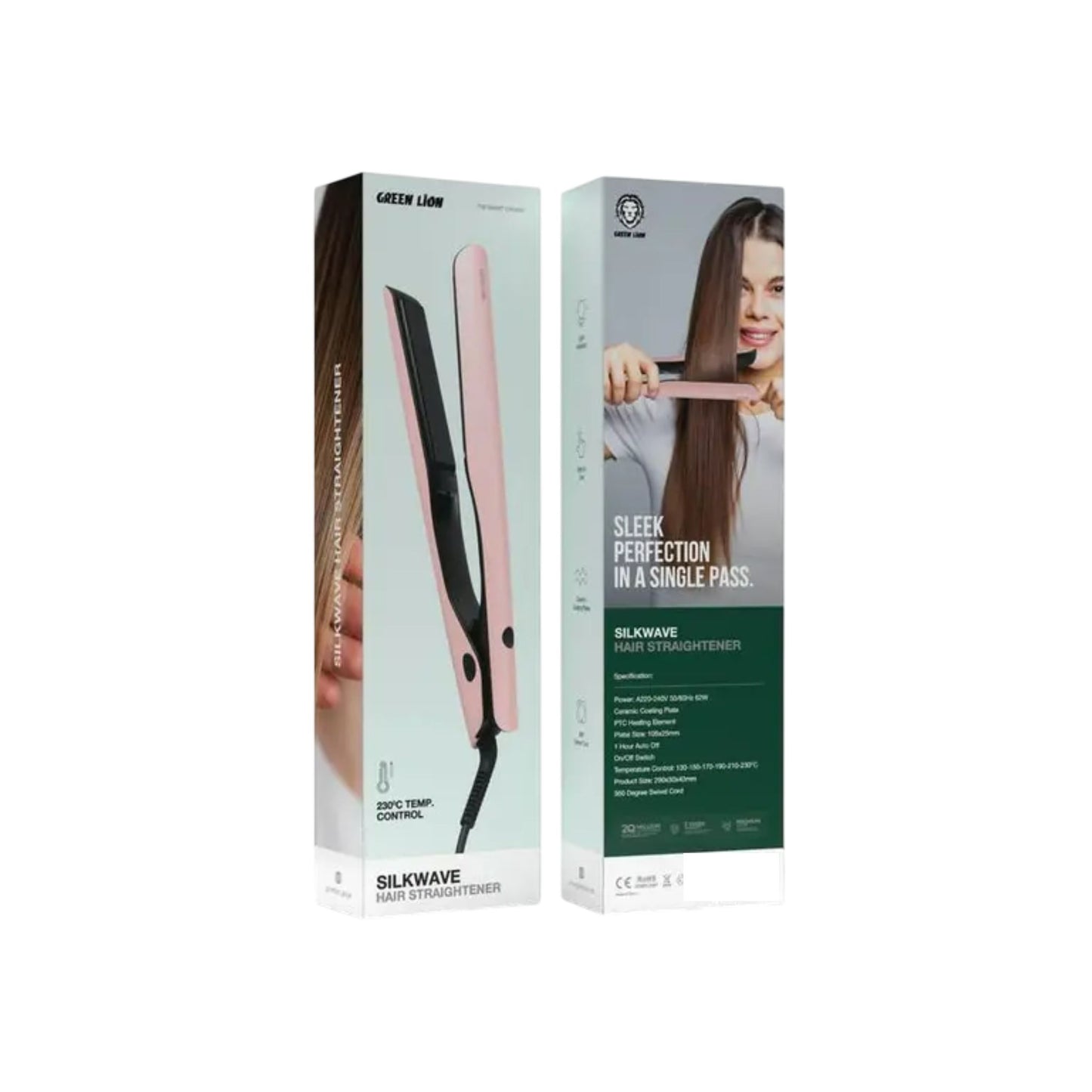 Green Lion Silk Wave Hair Straightener, 1 Hour Auto Off, 360° Swivel Cord, PTC Heating Element, Ceramic Coating Plates, 130°, 150°, 170°, 190°, 210° & 230° C Temperature Control - Pink