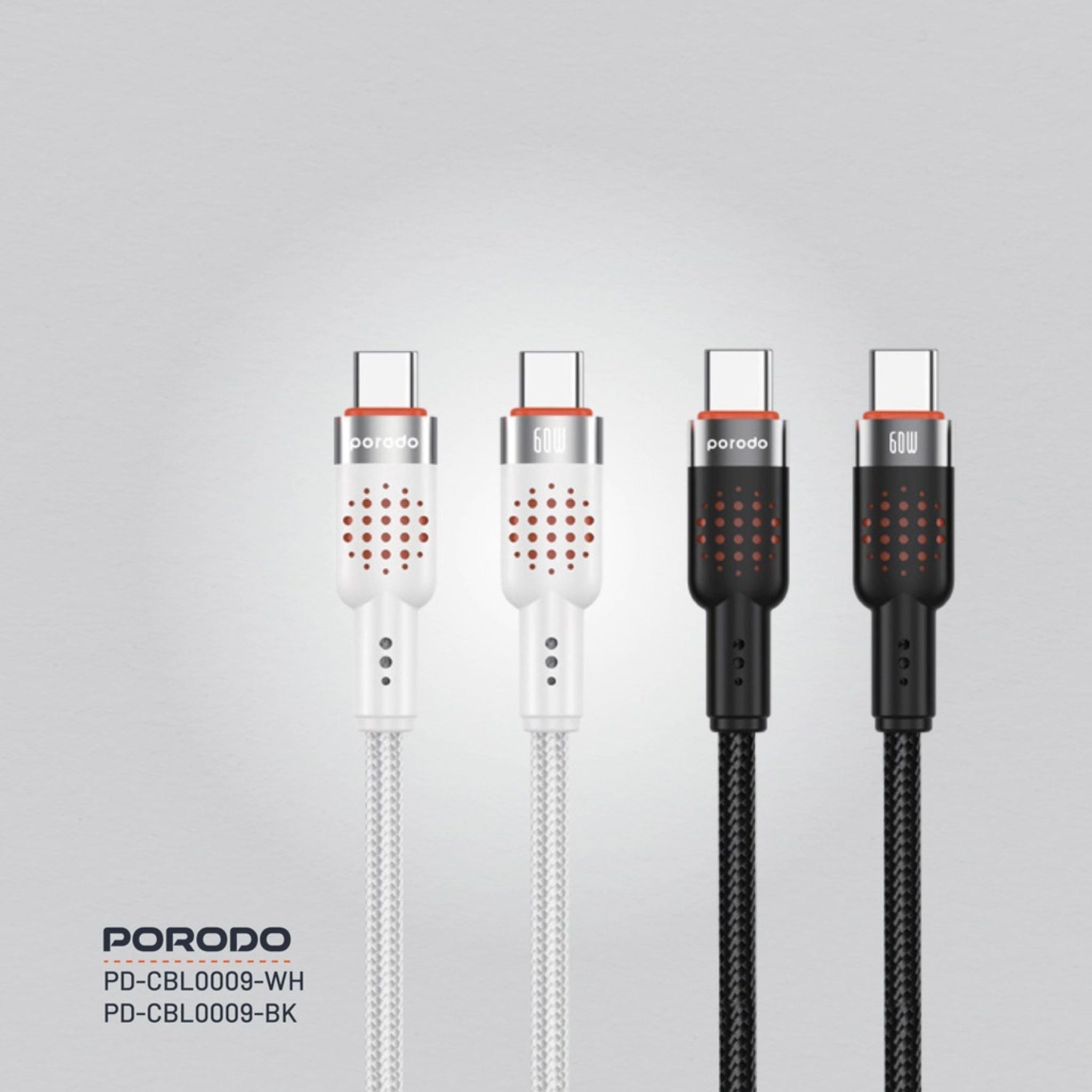 Porodo Aluminum Alloy Braided Cable Type-C to C 1.2m, PD 60W, 480Mbps Transfer Speed, more than 15000 Bends Life Span, Tangle Free - White