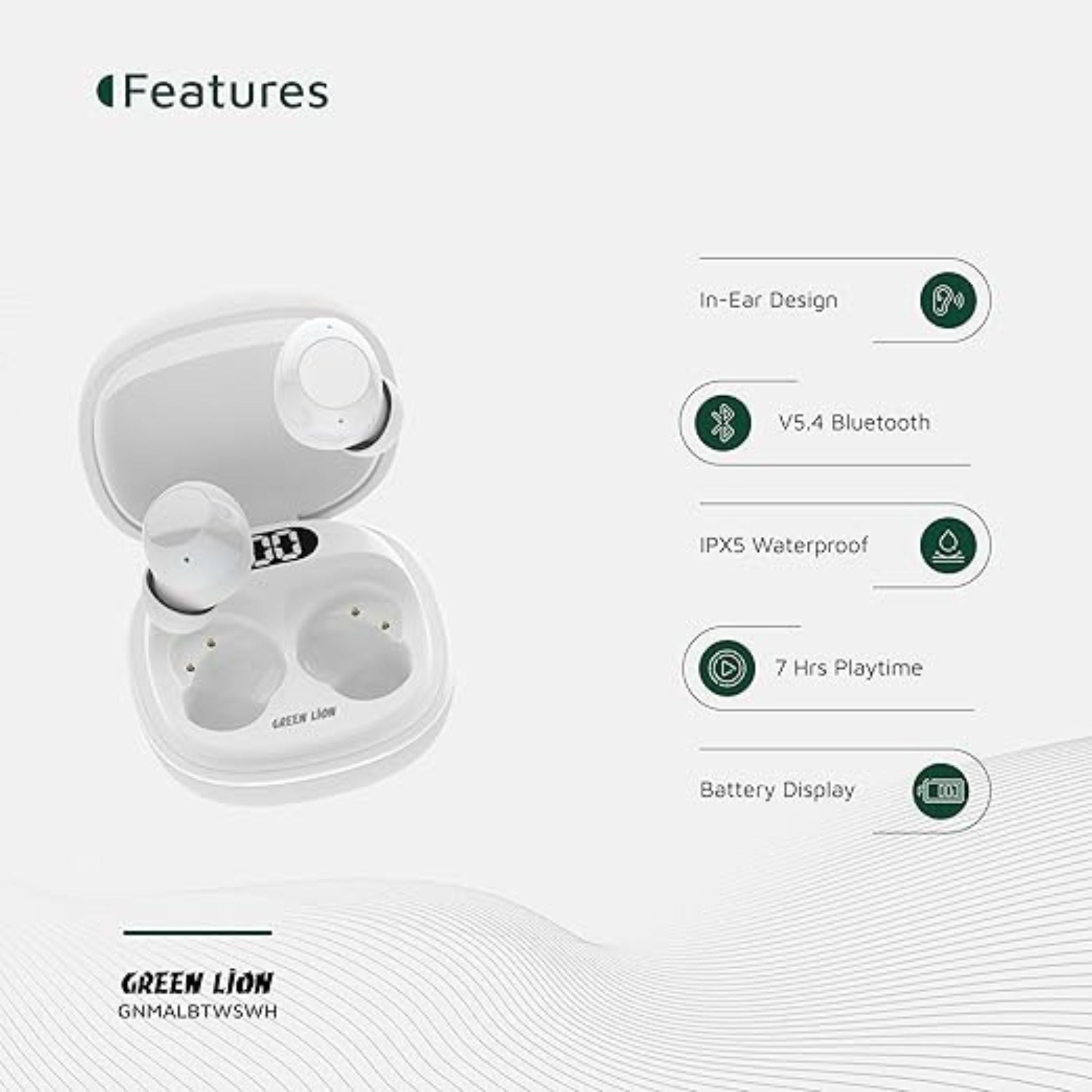 Green Lion Malbun True Wireless Earbuds, Bluetooth 5.4 Headphones with Dual-Mic ENC for Clear Calls, 20H Total Playtime, IPX5 Waterproof & Digital Display Case_Black