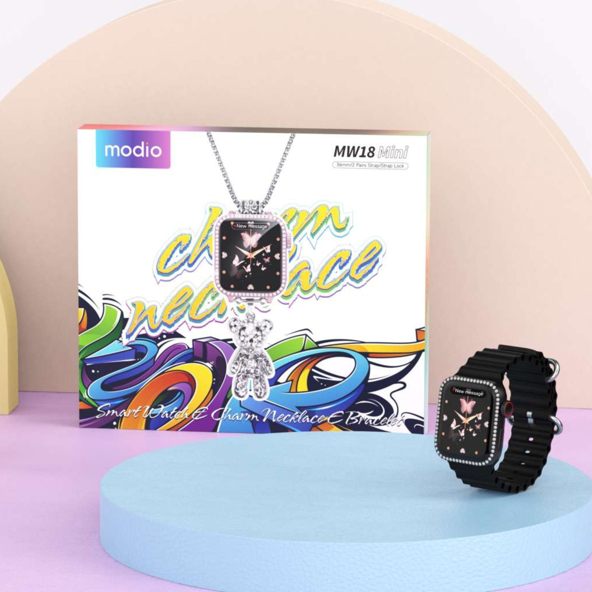 MODIO MW18 Mini 36 mm HD Display Smart Watch with 2 Pair Strap and Stylish Chain Necklace and Bracelet with Wireless Charger