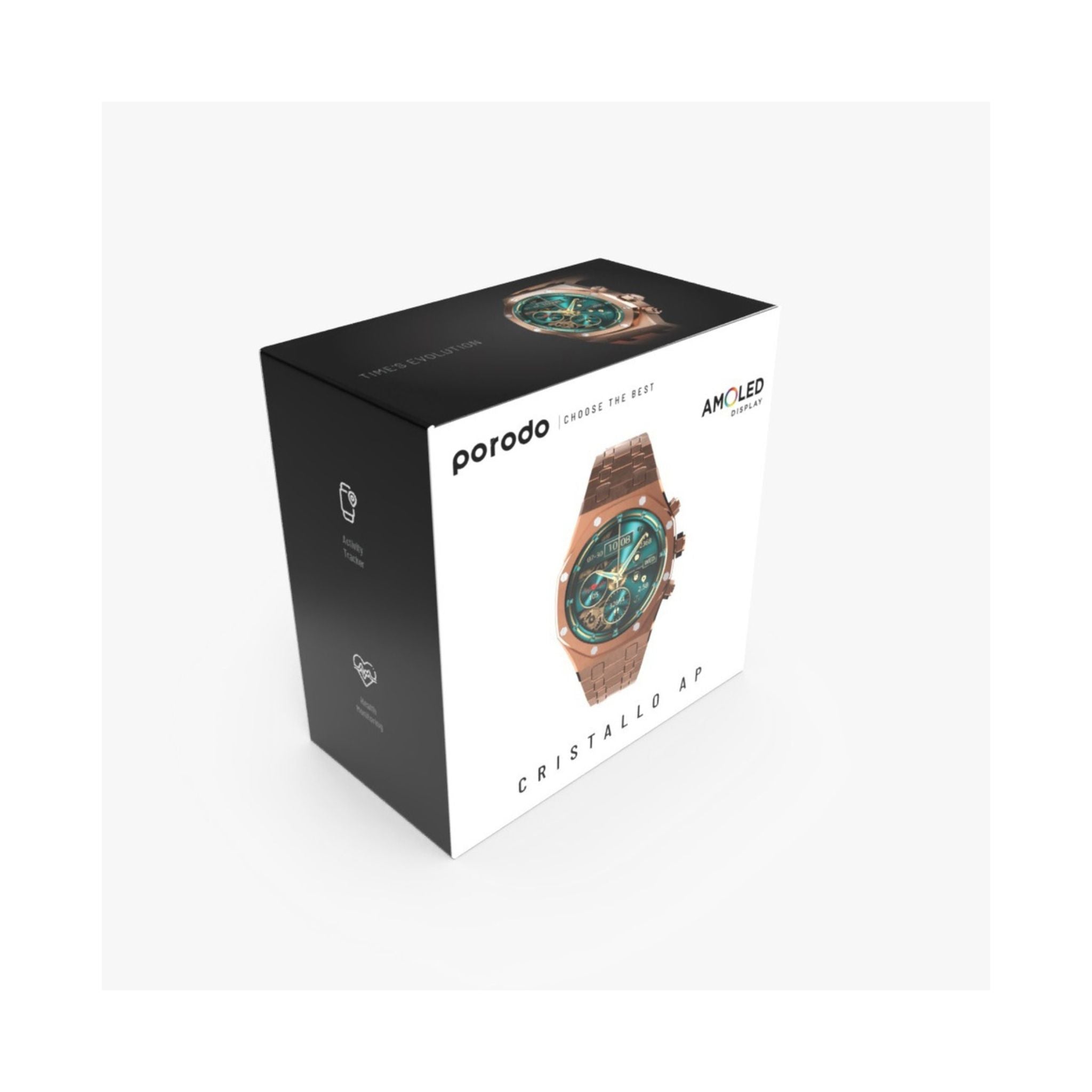 Porodo Cristallo AP Amoled Display Smart Watch with 260mAh Lithium Power, 49mm Display, Bluetooth V3.0, V5.0, IP68 - Rose Gold