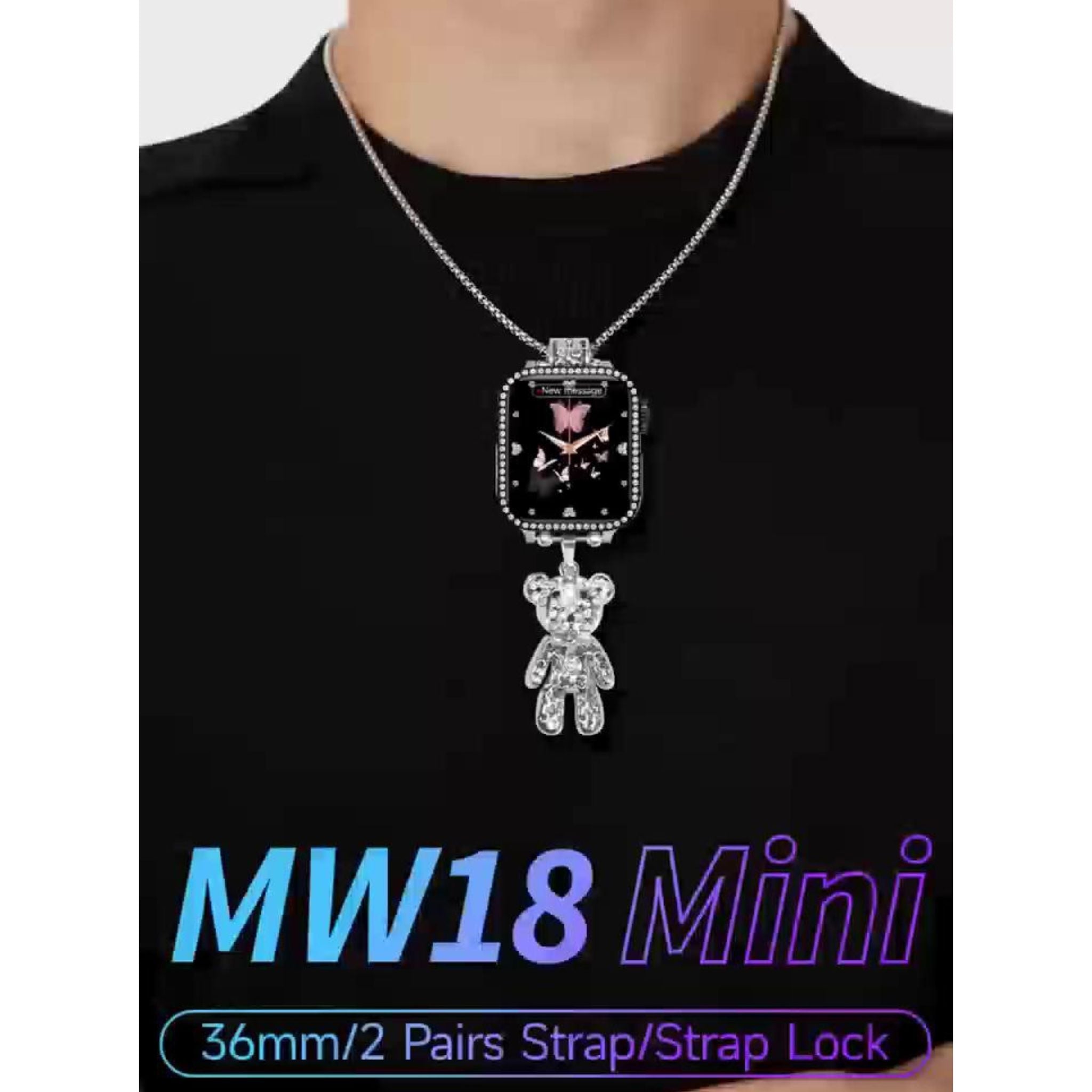 MODIO MW18 Mini 36 mm HD Display Smart Watch with 2 Pair Strap and Stylish Chain Necklace and Bracelet with Wireless Charger