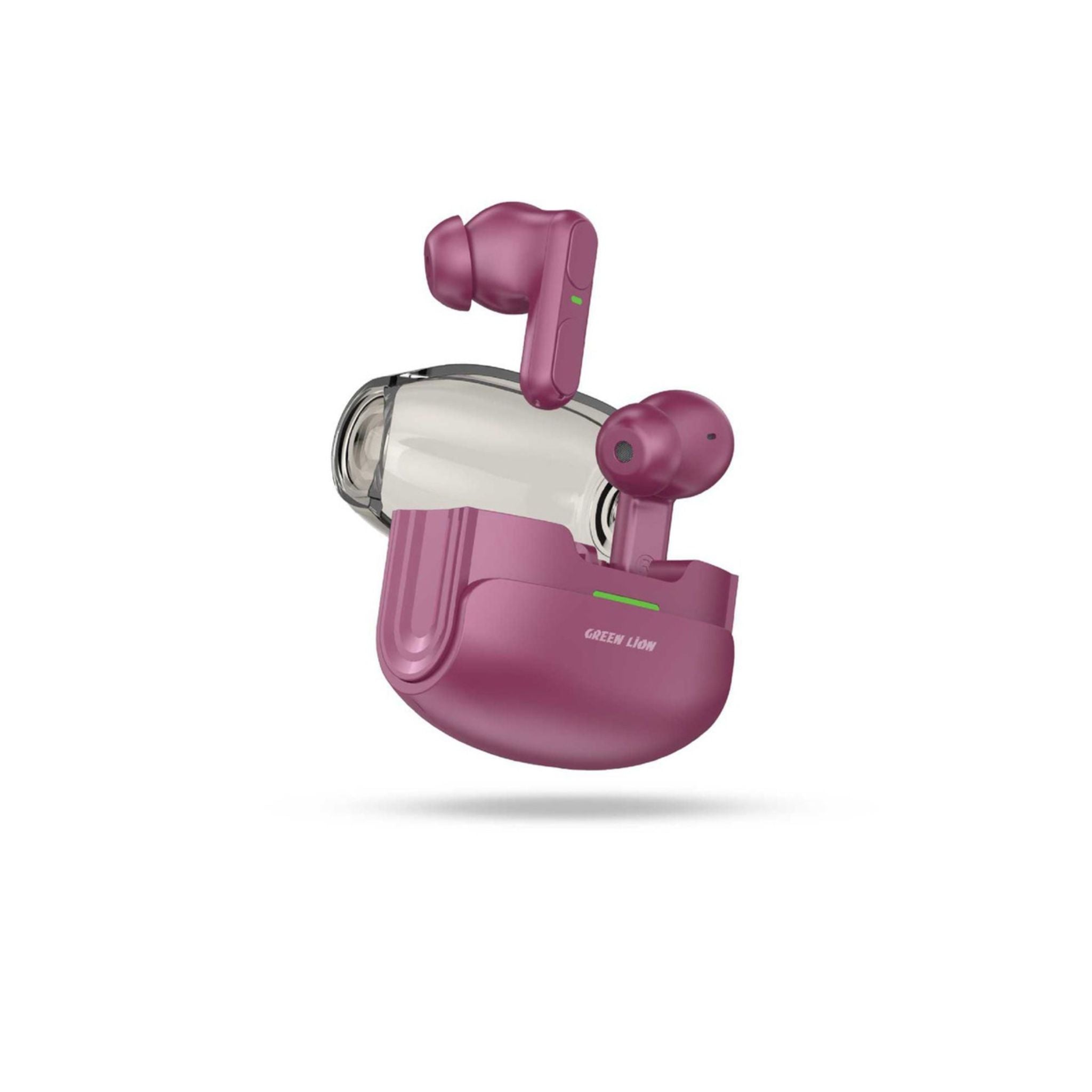 A single burgundy-colored Green Lion Patras wireless earbud with a charging case.