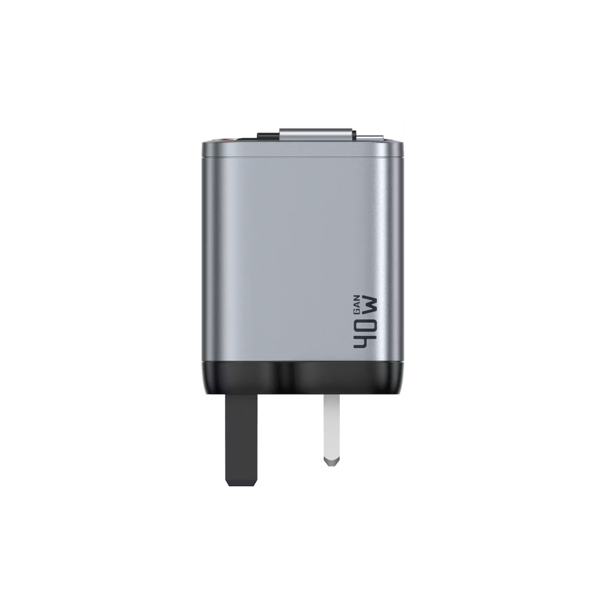 Green Lion GaN UK Plug Wall Charger with 40W Power Delivery, Retractable Type-C Cable, 0%-50% Charge in 30 Minutes, PC Flame Retardant Material, USB-C & USB-A Ports - Gray