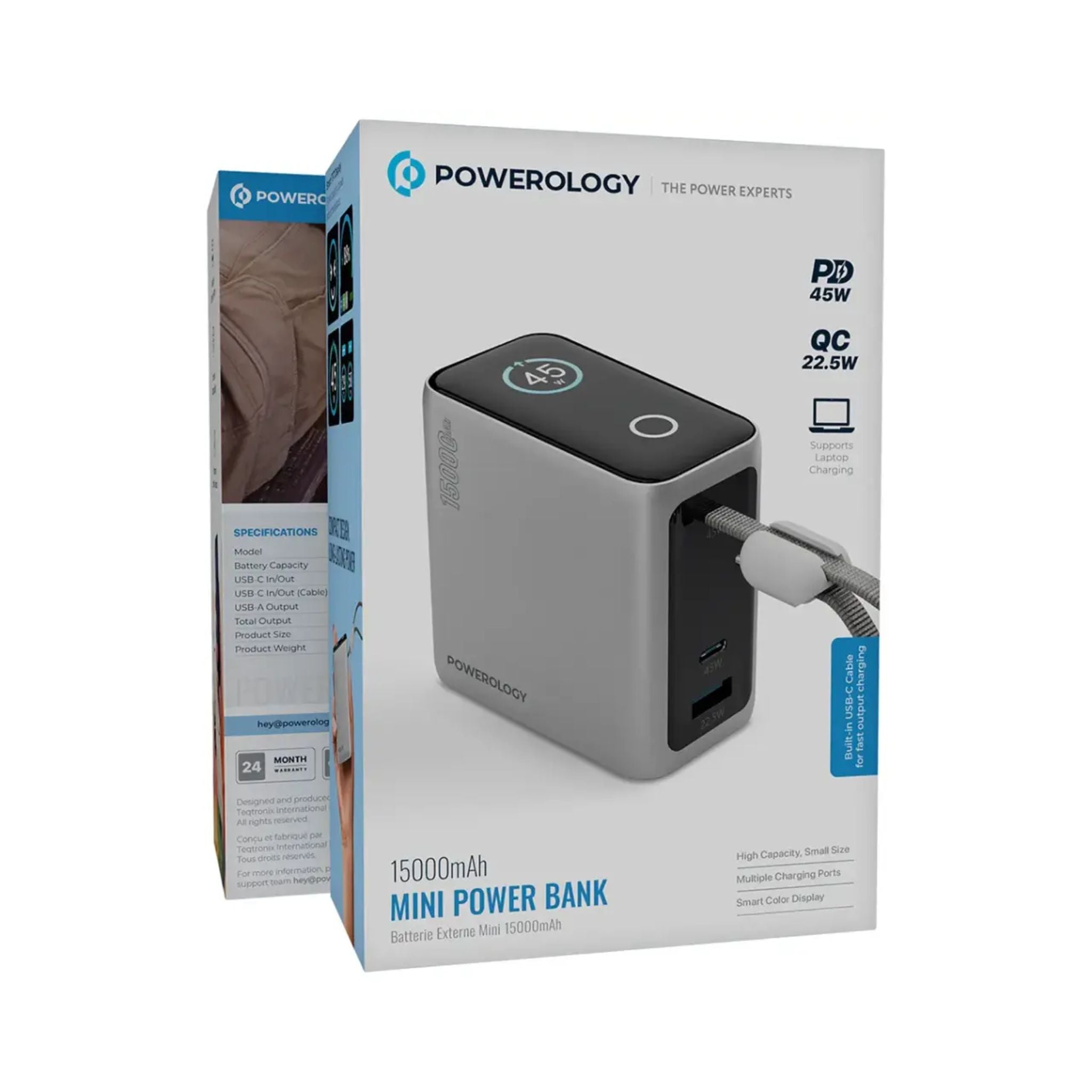 Powerology 15000mAh Mini Power Bank with Multiple Charging Ports, Universal Compatibility, Advanced Safety Features, Smart TFT Display, Built-in USB-C Cable - Gray