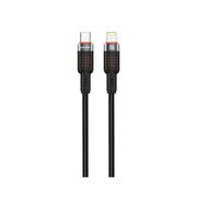 A black Porodo aluminum alloy braided cable with a USB-C on one end and a Lightning connector on the other, both in black color.