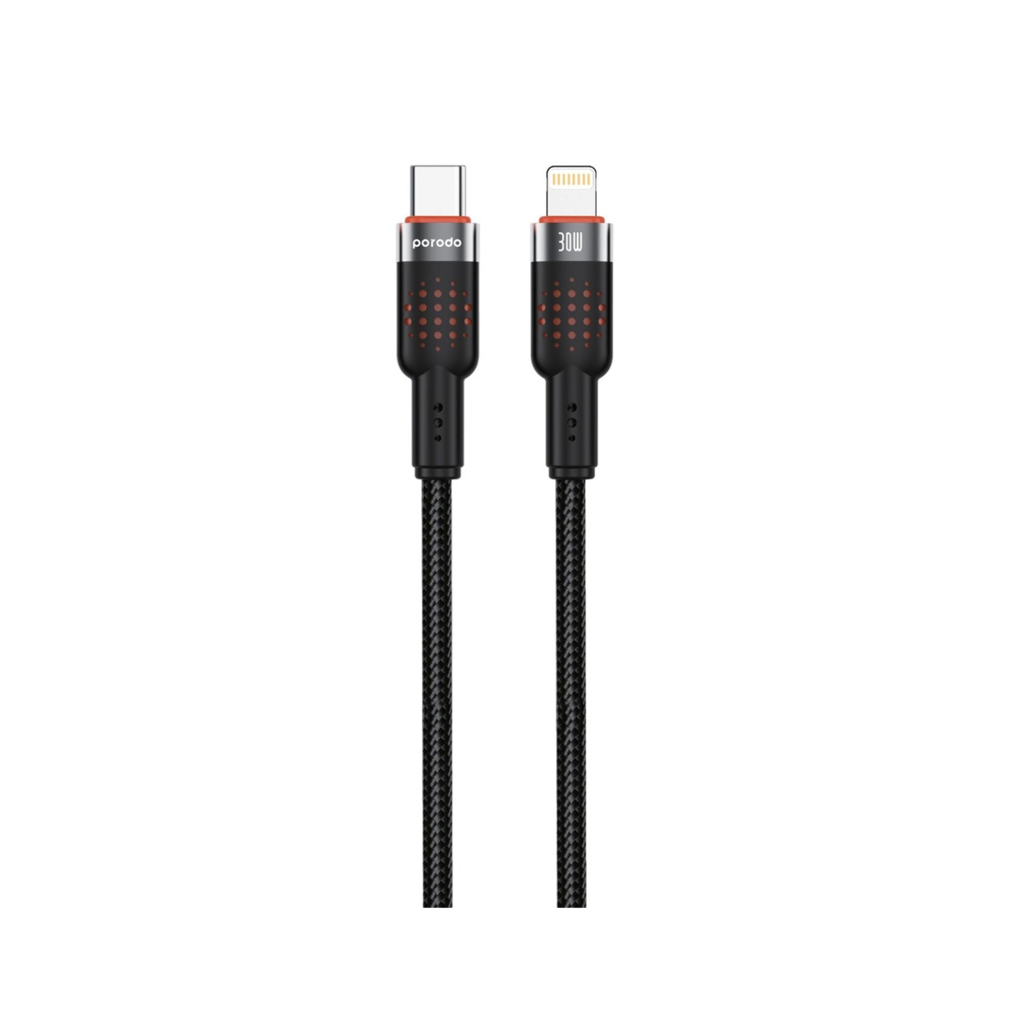 A black Porodo aluminum alloy braided cable with a USB-C on one end and a Lightning connector on the other, both in black color.