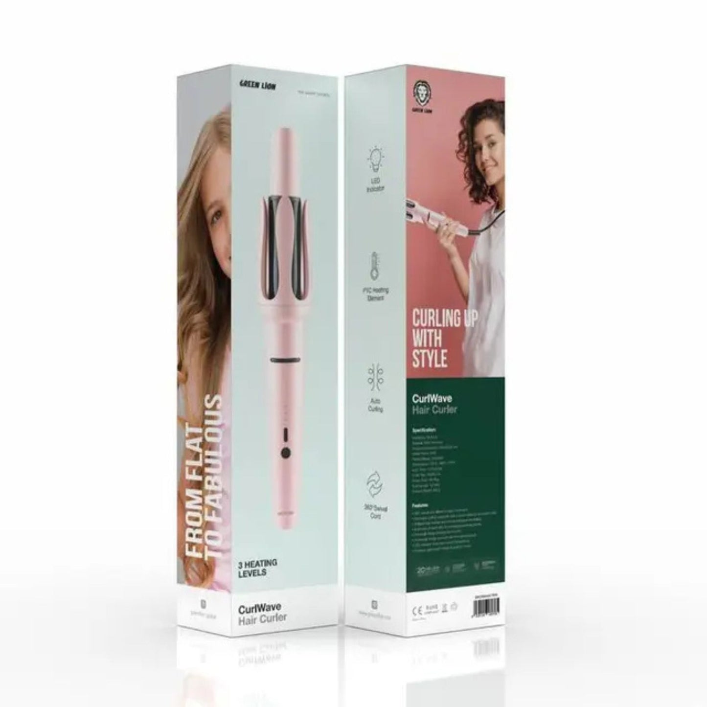 Green Lion Curl Wave Hair Curler, Auto Curling, LED Indicator, 360° Swivel Cord, PTC Heating Element, 1.8m Cord Length, 170°, 190° & 210° C Temperature Control, 12 Seconds Auto Timer - Pink