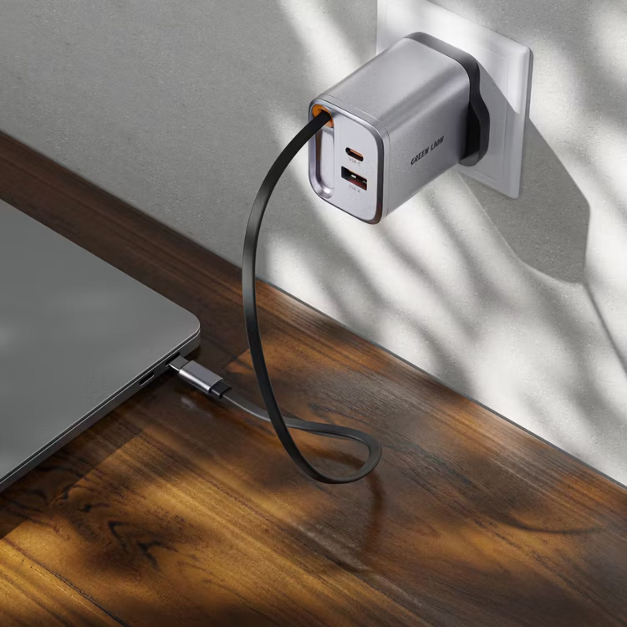 Green Lion GaN UK Plug Wall Charger with 40W Power Delivery, Retractable Type-C Cable, 0%-50% Charge in 30 Minutes, PC Flame Retardant Material, USB-C & USB-A Ports - Gray