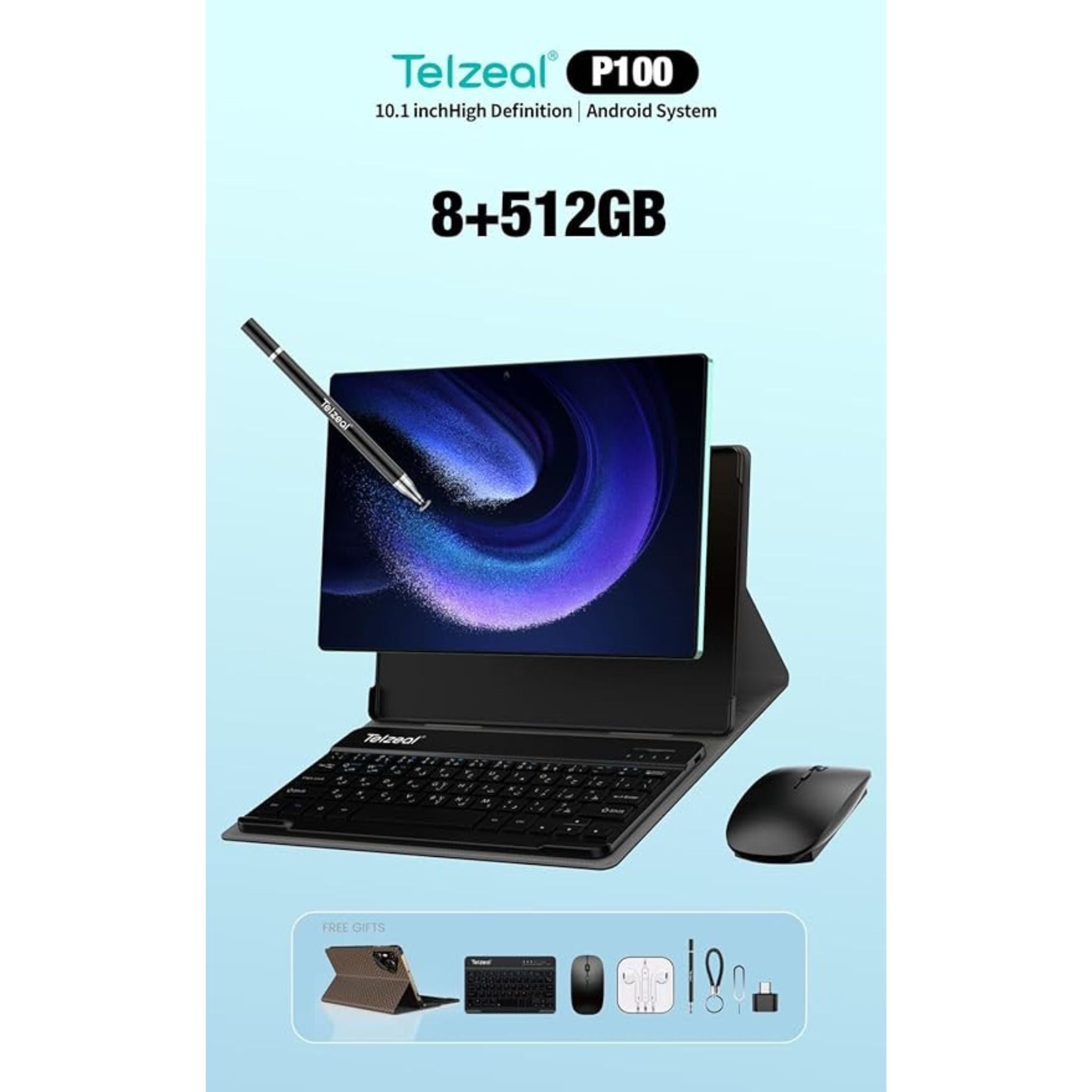 Telzeal P100 10.1 Inch Android 13 Tablet with 5G WiFi and Dual SIM 8GB RAM 512GB ROM 8000 mAh High Capacity Battery Wireless Keyboard and Mouse_Grey