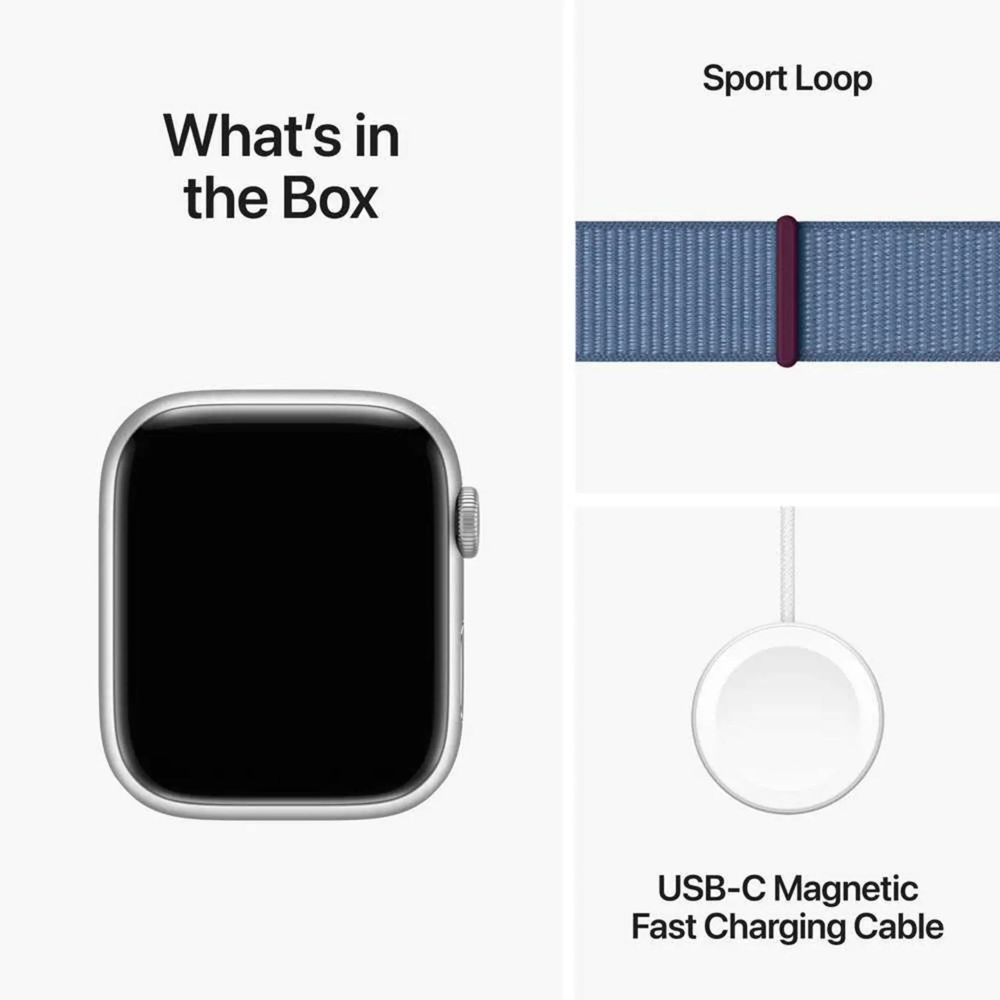 Smartwatch with Sport Loop and USB-C Magnetic Fast Charging Cable on a white background