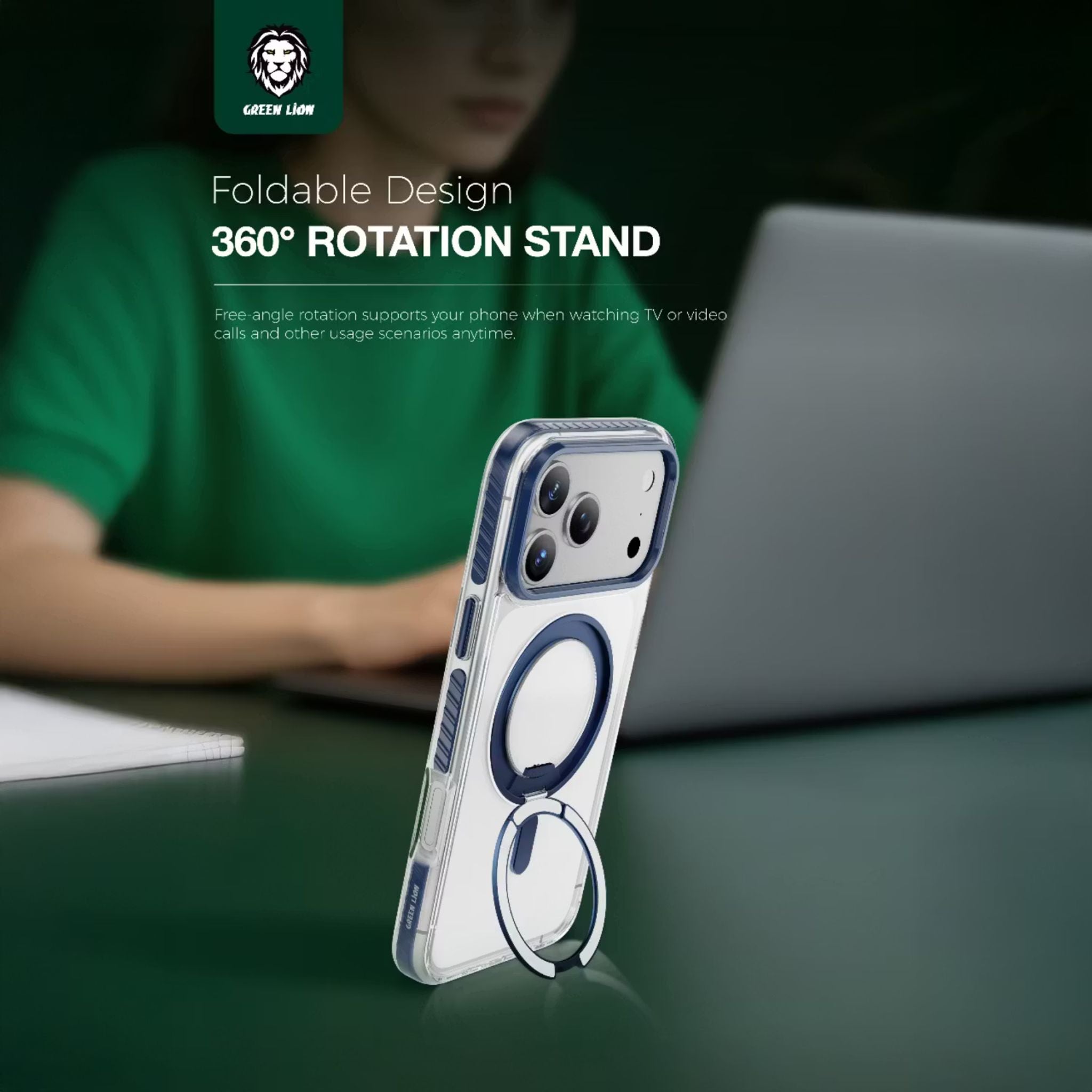 Green Lion Southend Magsafe Case for iPhone 17 Pro, Camera Protection, Hybrid Materials, Built-in Kickstand Ring with 360° Rotation, Military-Grade Protection - Blue