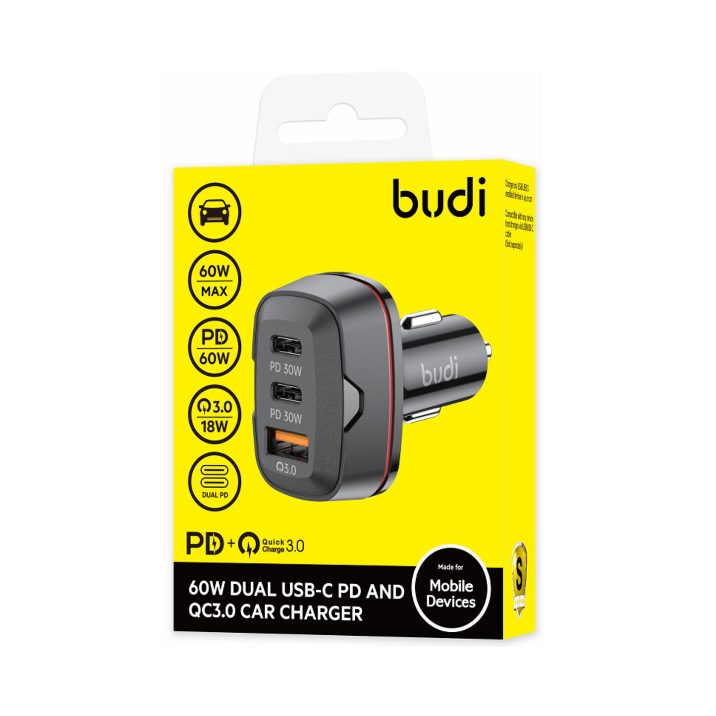 budi CC616RB 60W Dual USB-C PD and QC3.0 Car Charger - Black