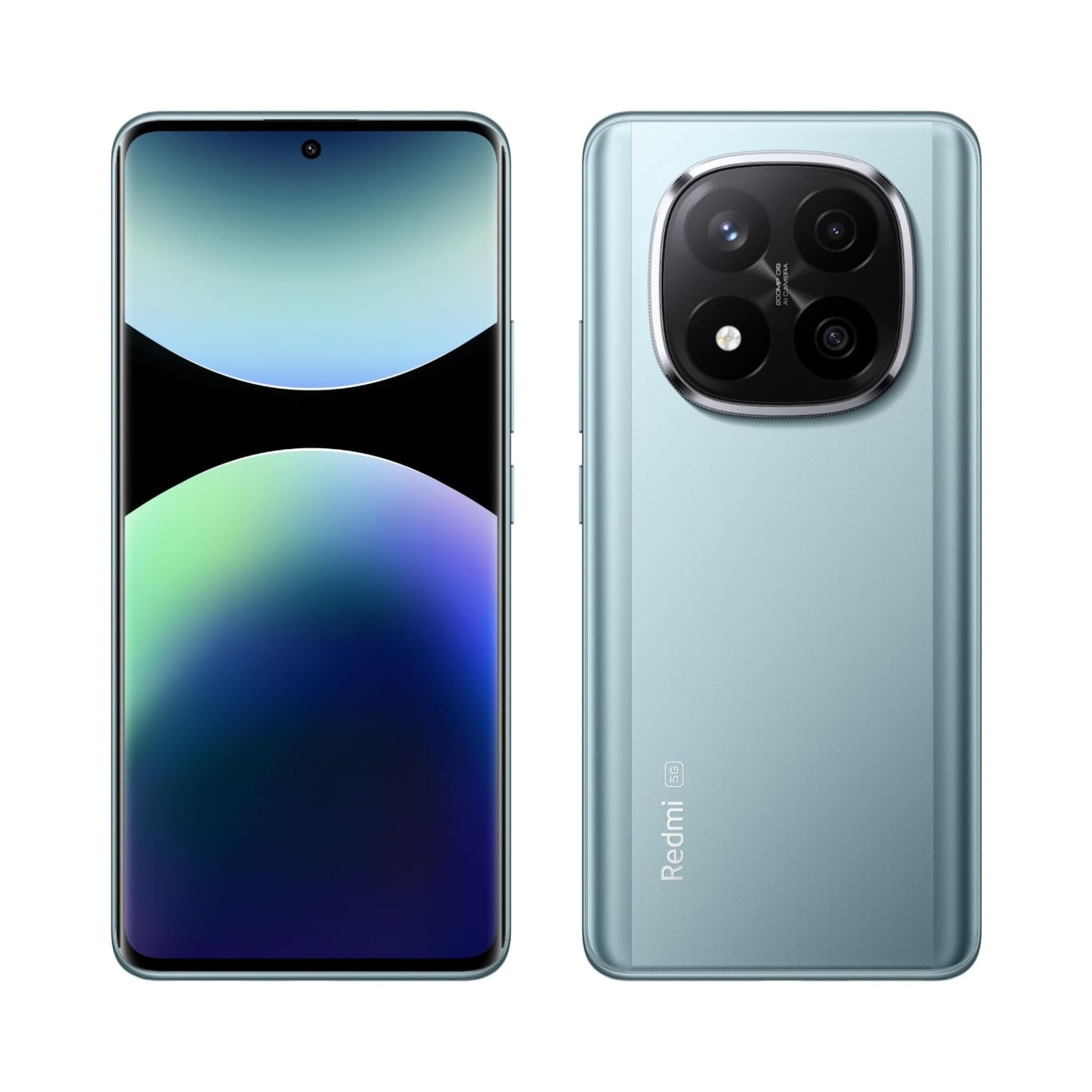 Smartphone with gradient display and 'Redmi' branding on a light blue background