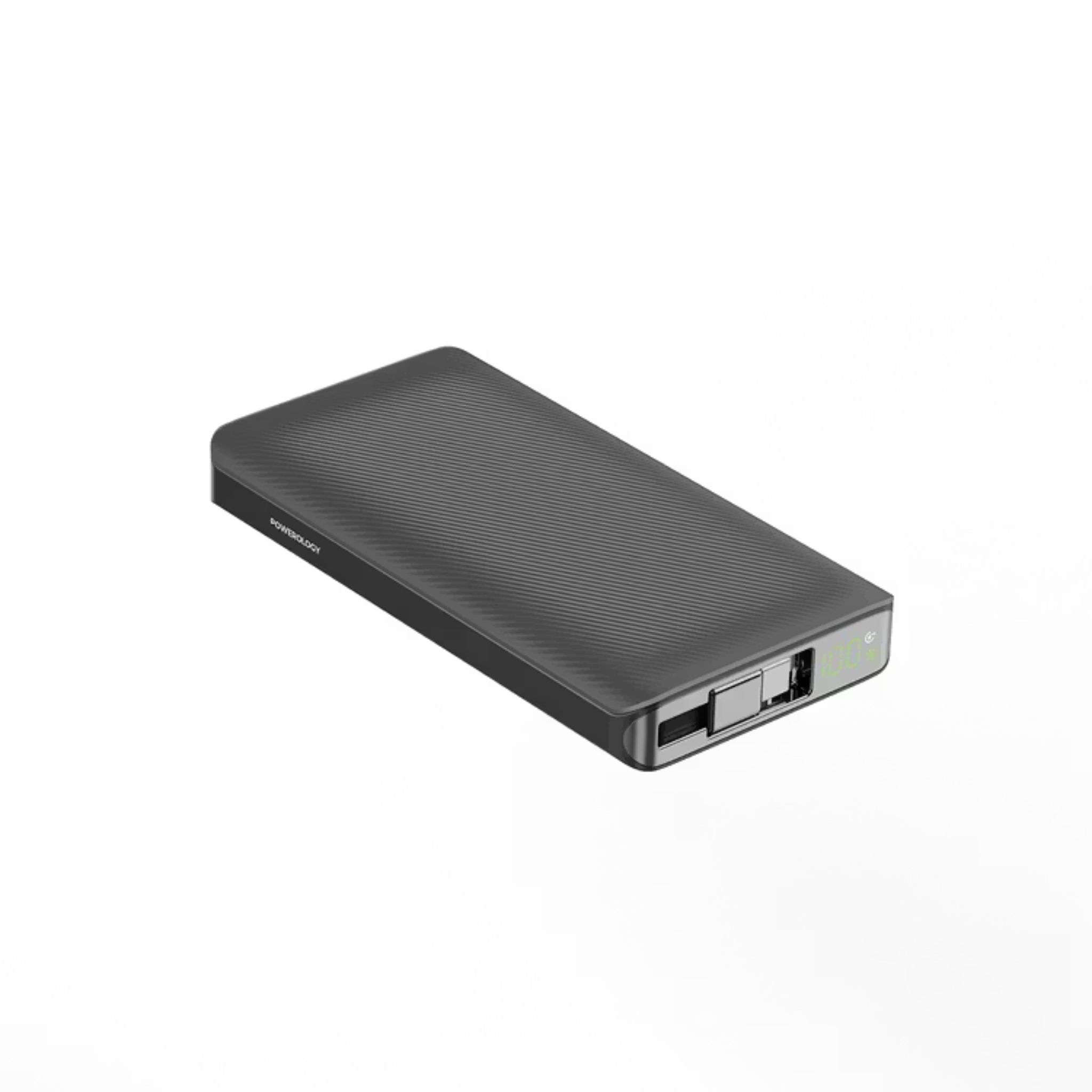 Powerology 10000mAh Power Bank with 70cm Retractable Type-C Cable, LED Display, Lightweight & Portable Design, Fast-Charging, USB-C Input & Output, 2-Device Charging, Patented Design, 22W Power Delivery - Black