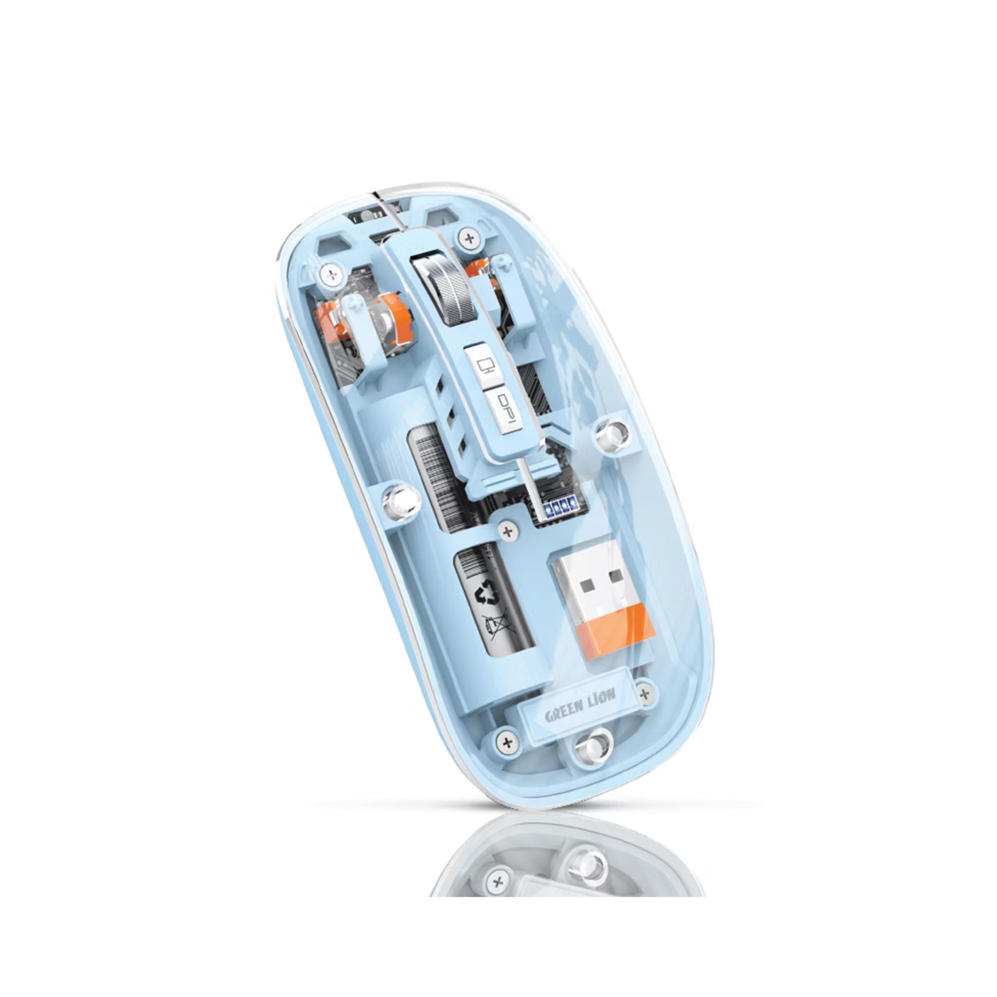 Green Lion Transparent Wireless Mouse 2 with 5 Keys, Connects to Up to 3 Devices Simultaneously, 500mAh Rechargeable Battery, 10m Distance Range, Plug & Play - Blue
