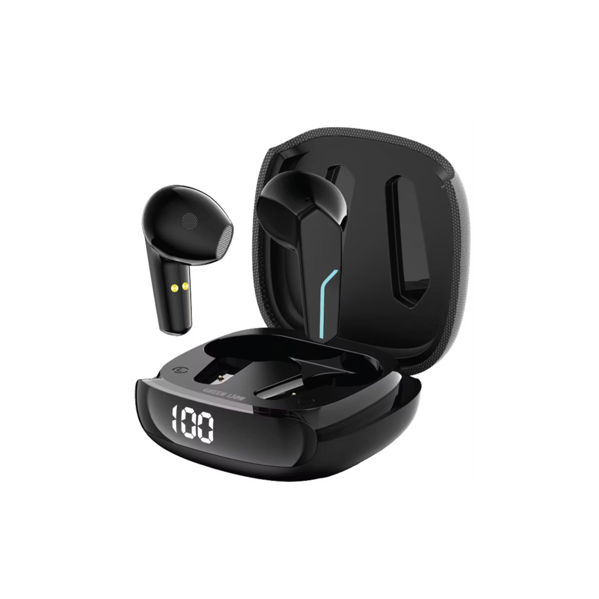 Black wireless earbuds with charging case on a white background