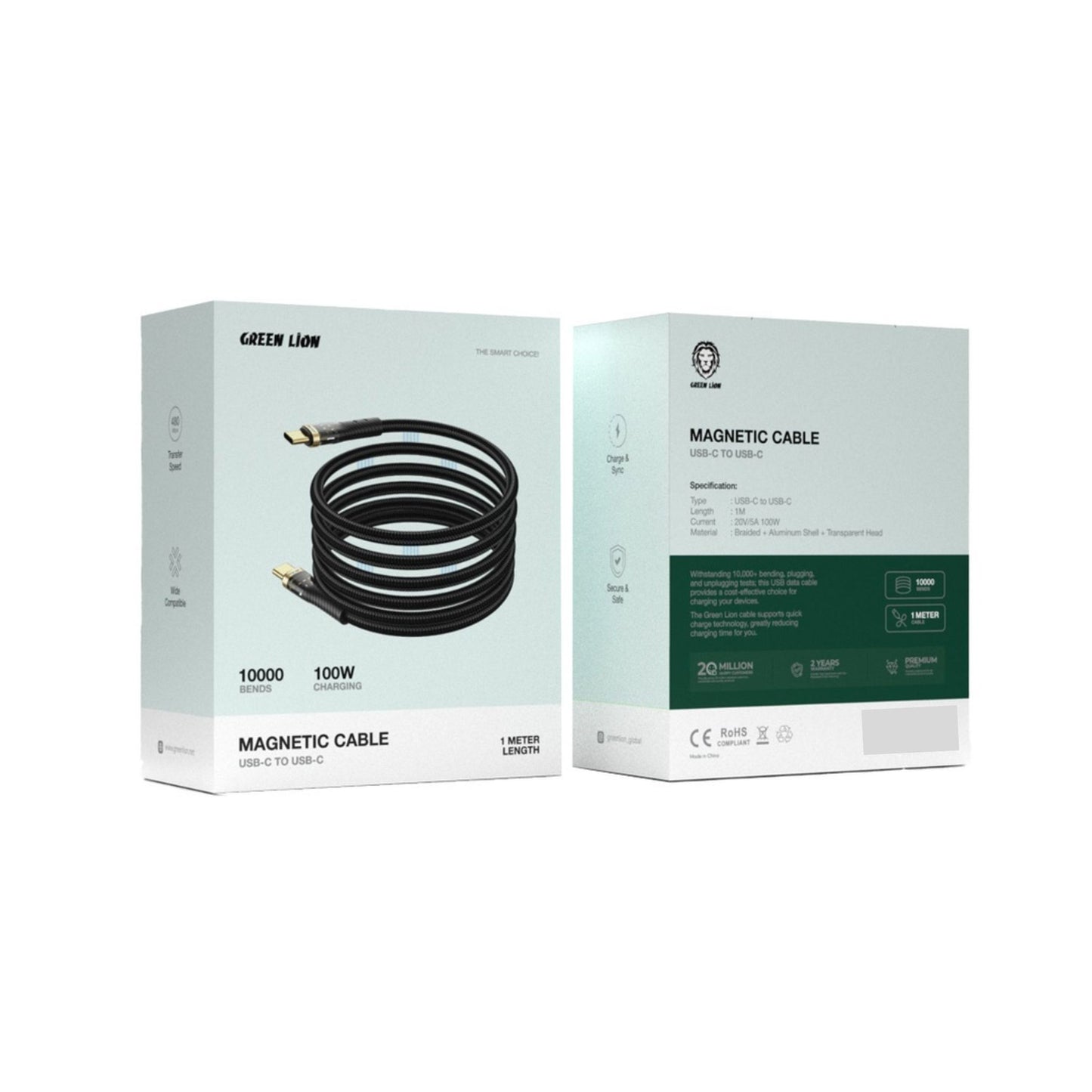 Green Lion Magnetic Cable USB-C to USB-C Cable with 10000 Bends Life Span, 18W, Secure & Safe, Charge & Sync, Wide Compatible, 1m Cable Length - Black