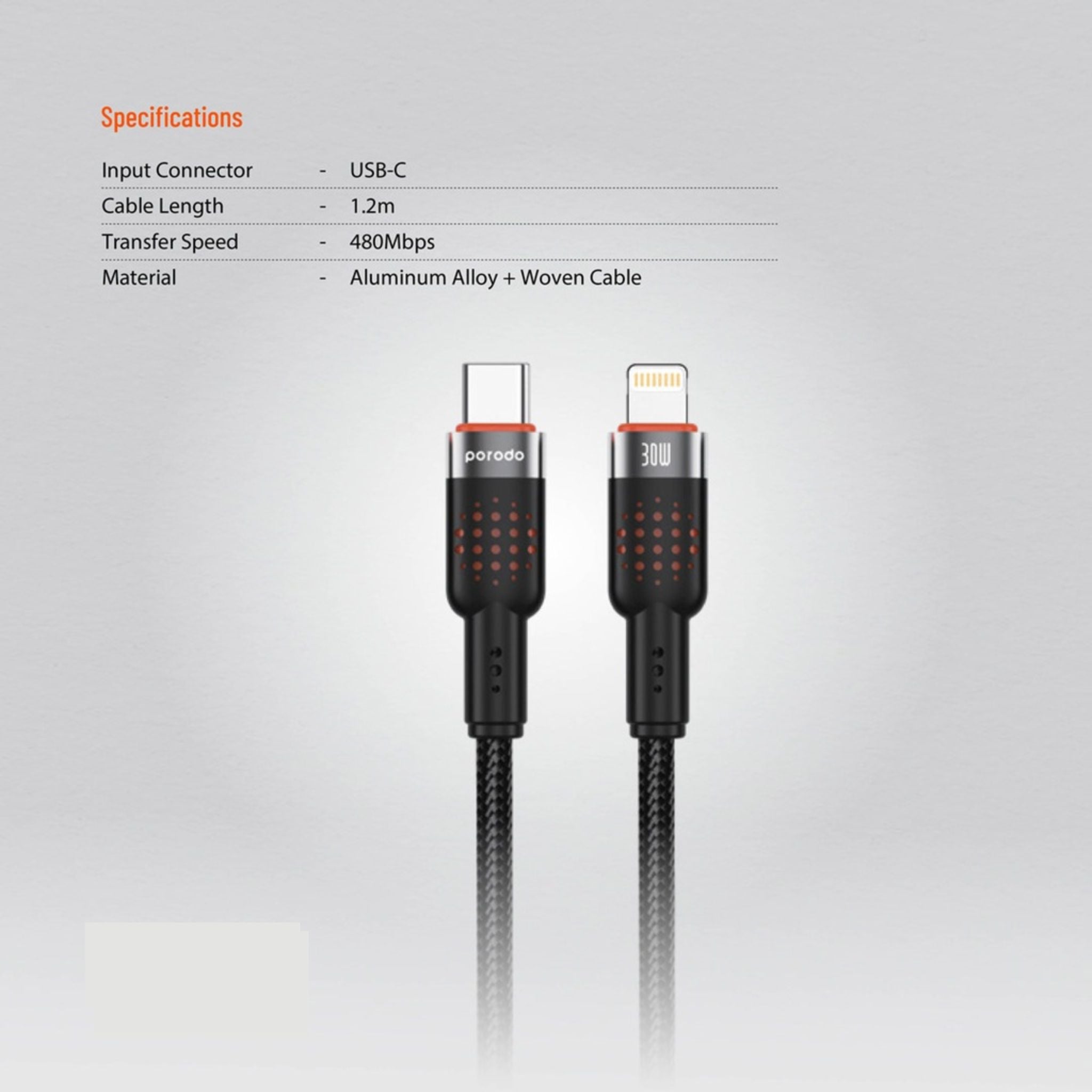 Porodo Braided Type-C to Lightning Cable with 30W Power Delivery, 1.2m Cable Length, 480Mbps Transfer Speed, More than 15,000 Bends Lifespan, Tangle-Free Design - Black