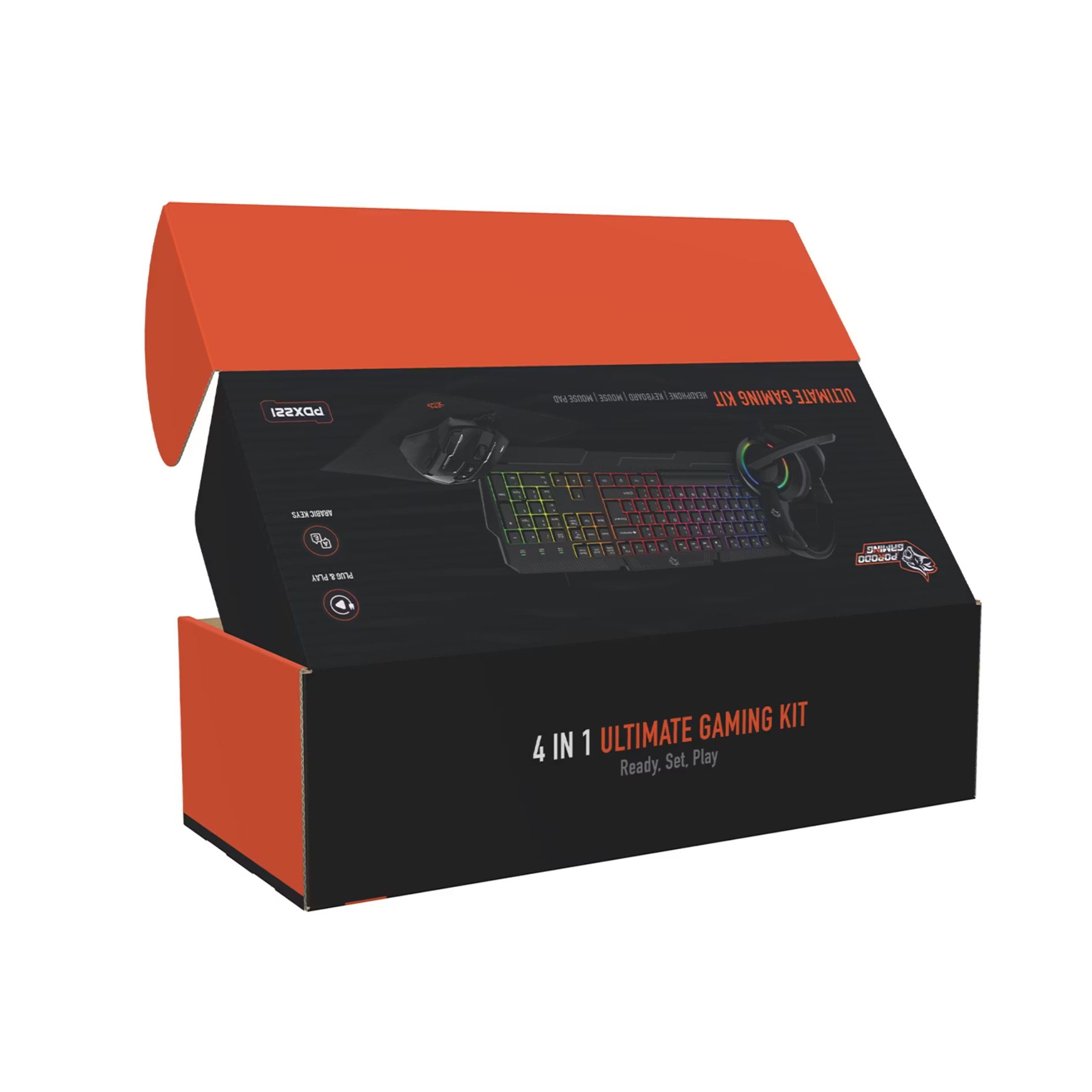 Porodo Gaming 4 in 1 Gaming Kit with Keyboard, Head phone, Mouse and Mouse Pad, Windows and Linux Compatibility, 13 RGB Light Mode - Black