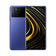 Xiaomi Poco M3 smartphone in Cool Blue color, displaying its front screen and rear camera setup.