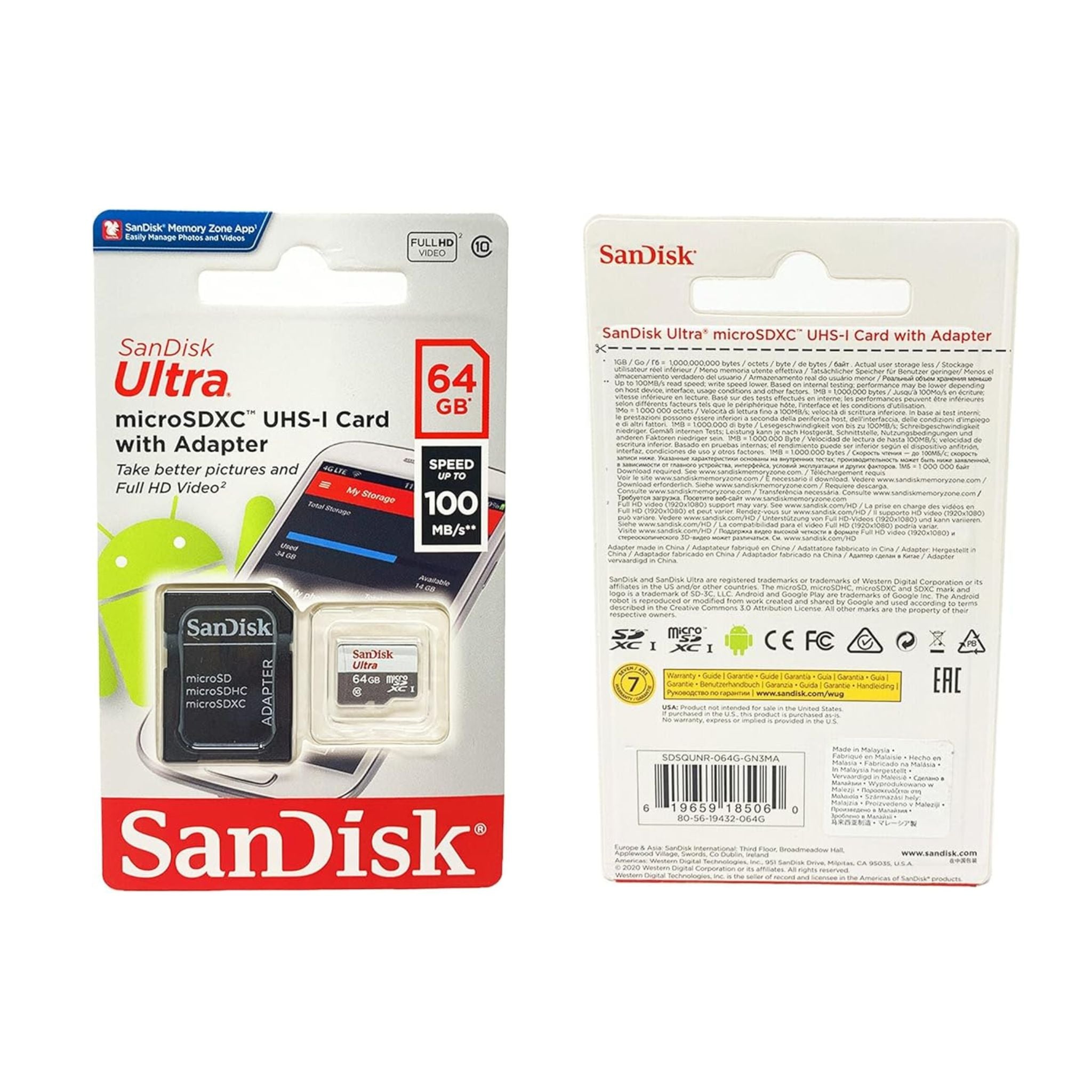 SanDisk Ultra UHS-I Class 10 microSDXC Card, 64 GB, SDSQUNS-064G-GN3MN