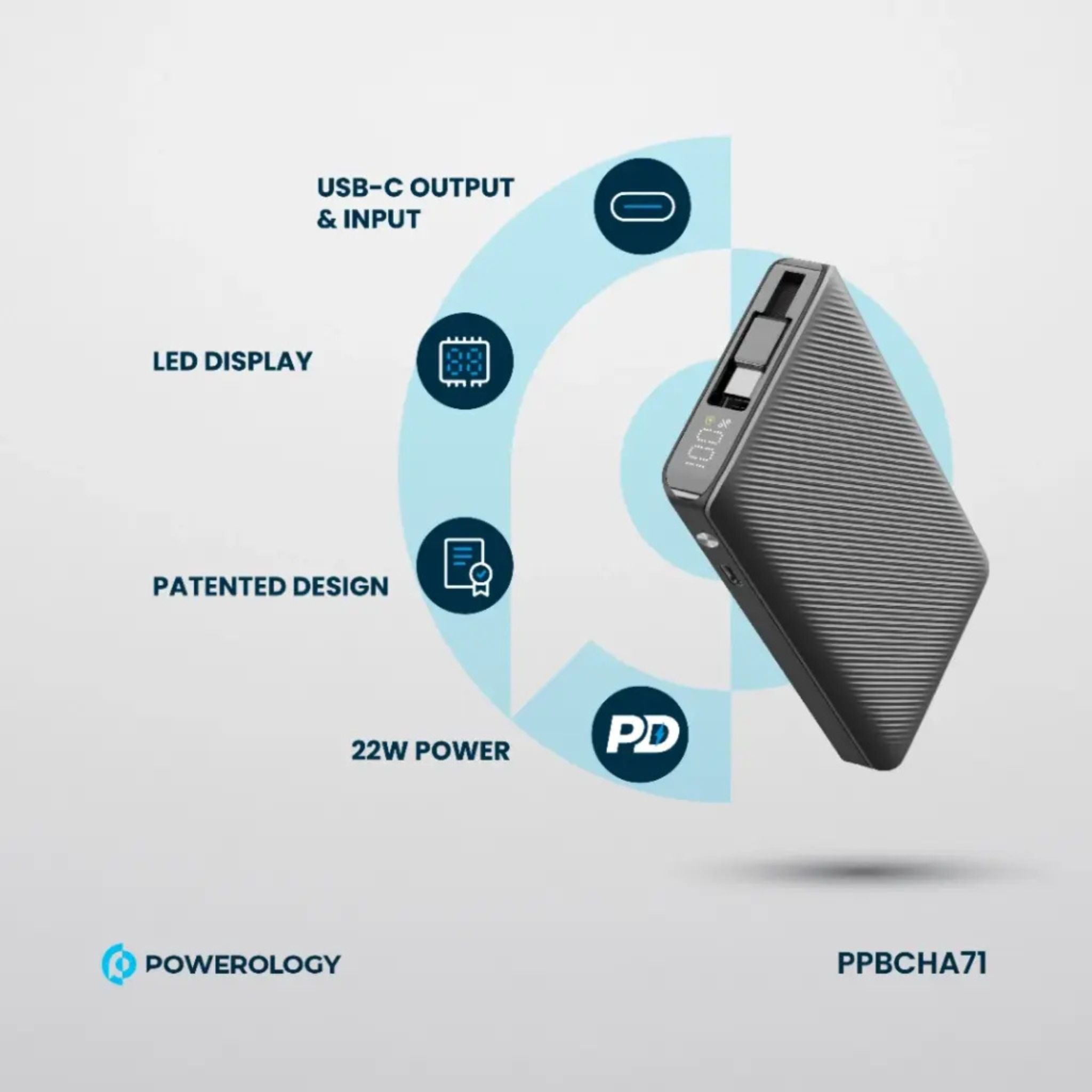 Powerology 10000mAh Power Bank with 70cm Retractable Type-C Cable, LED Display, Lightweight & Portable Design, Fast-Charging, USB-C Input & Output, 2-Device Charging, Patented Design, 22W Power Delivery - Black