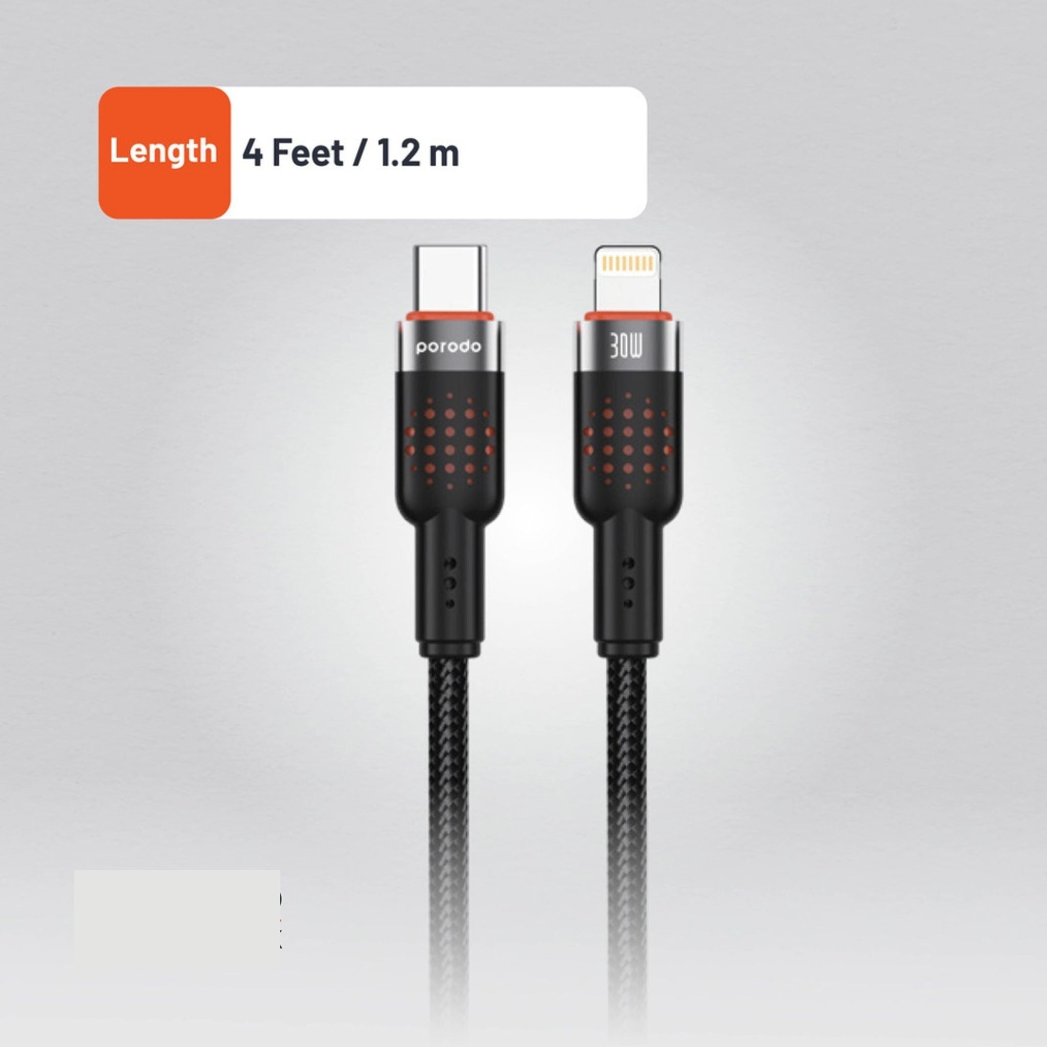 Porodo Braided Type-C to Lightning Cable with 30W Power Delivery, 1.2m Cable Length, 480Mbps Transfer Speed, More than 15,000 Bends Lifespan, Tangle-Free Design - Black