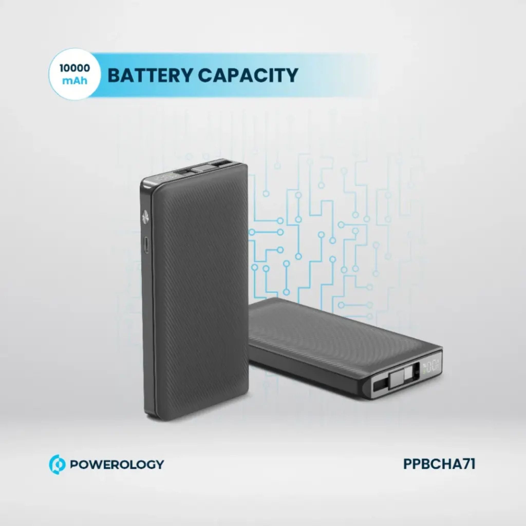 Powerology 10000mAh Power Bank with 70cm Retractable Type-C Cable, LED Display, Lightweight & Portable Design, Fast-Charging, USB-C Input & Output, 2-Device Charging, Patented Design, 22W Power Delivery - Black