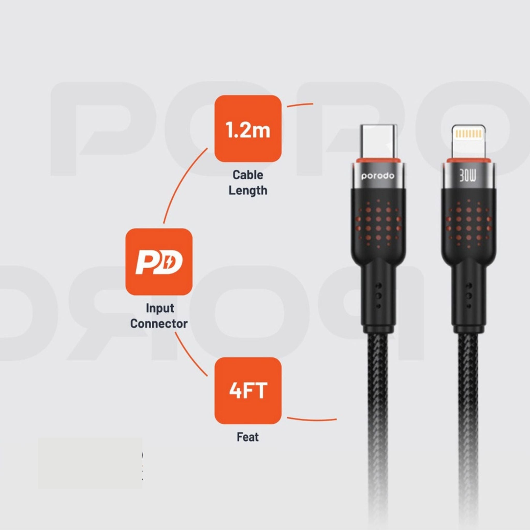 Porodo Braided Type-C to Lightning Cable with 30W Power Delivery, 1.2m Cable Length, 480Mbps Transfer Speed, More than 15,000 Bends Lifespan, Tangle-Free Design - Black