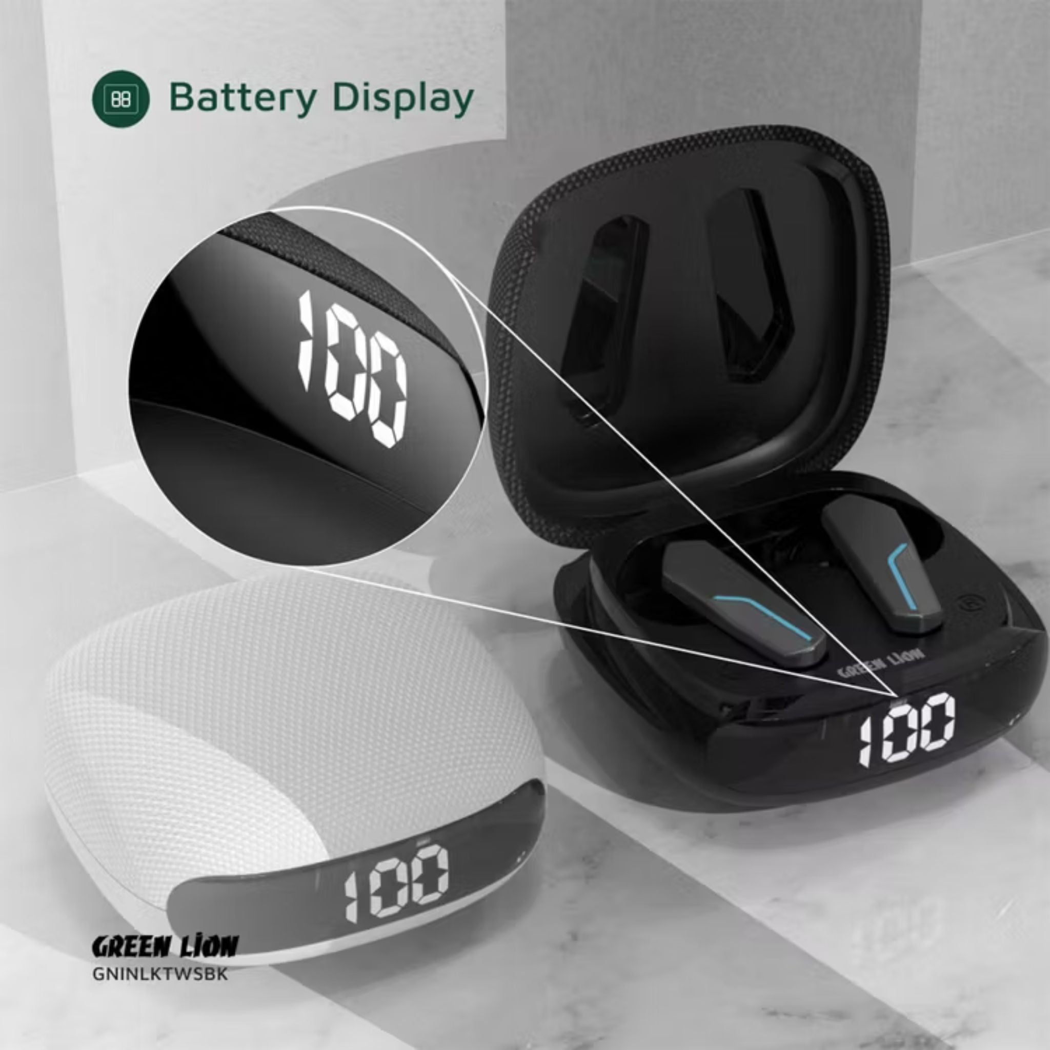 Green Lion Interlaken True Wireless Earbuds with Built-in Dual Microphones, 7 Hours Play Time, 13mm Speaker Size, 300mAh Case & 40mAh Earbuds Battery, 180 Hours Standby Time, Battery Display, Breathing Lights