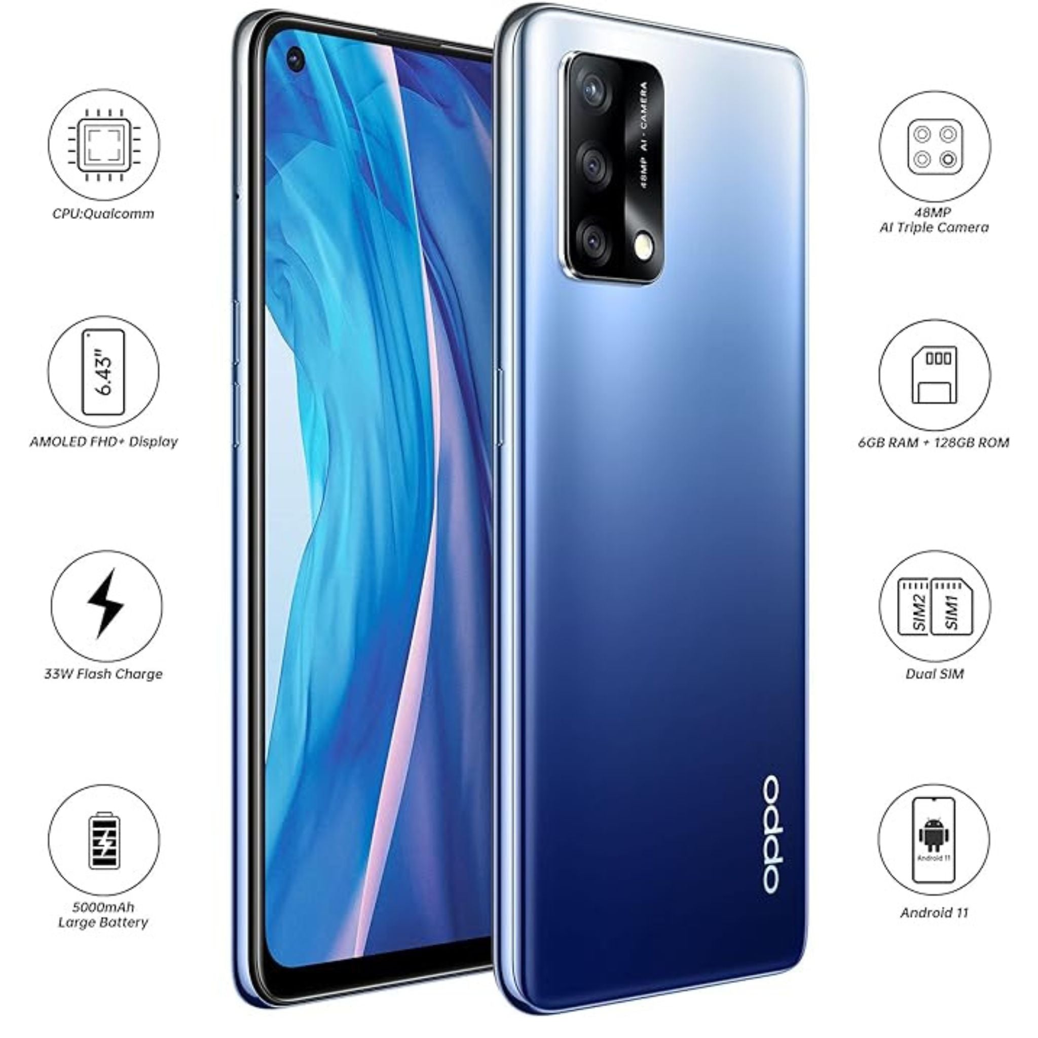 OPPO A74 Smartphone Dual SIM 128GB 6GB RAM 6.43 '' FHD+ Display 33W Flash Charge 48MP AI Triple Camera 4G LTE Android Mobile Phone-Midnight Blue