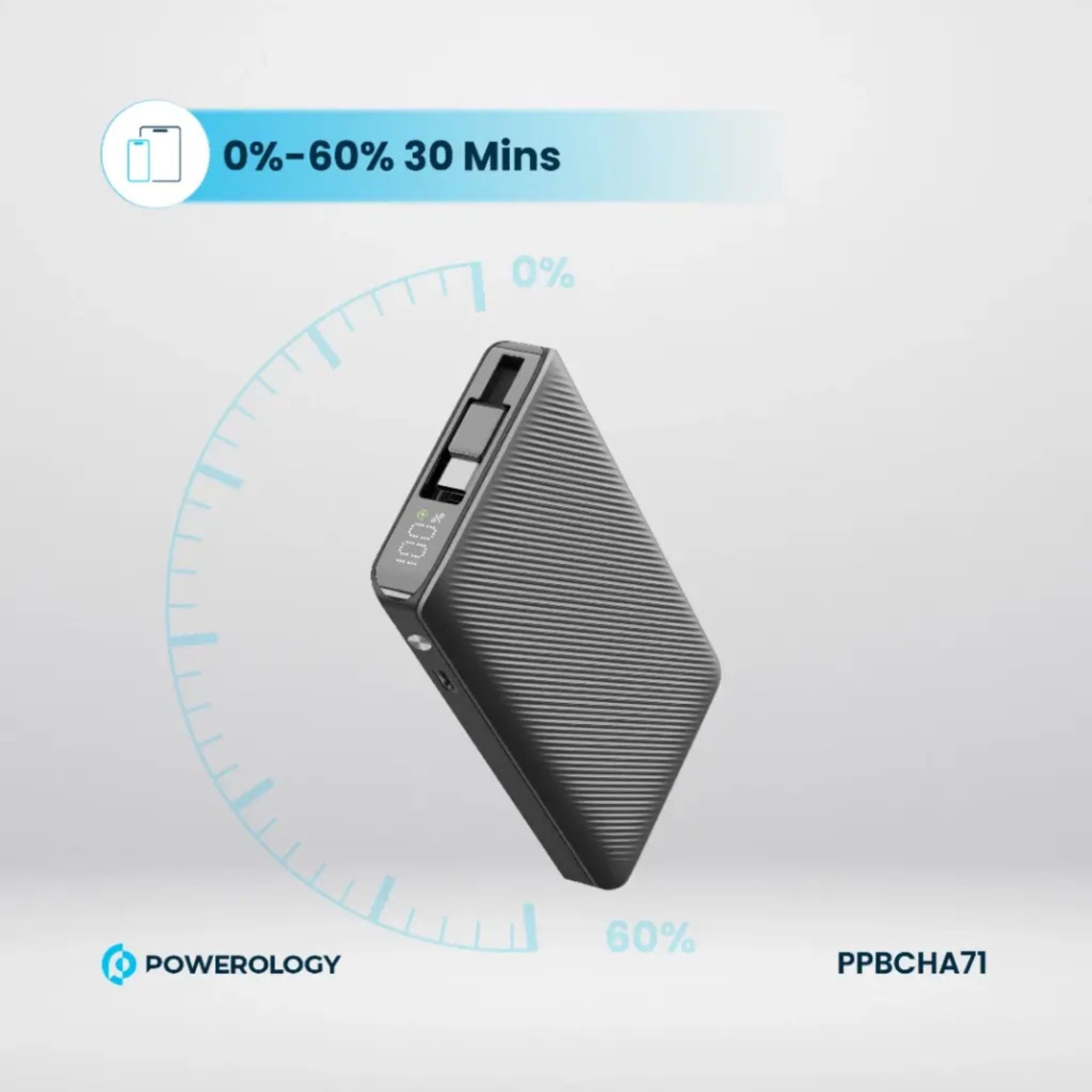 Powerology 10000mAh Power Bank with 70cm Retractable Type-C Cable, LED Display, Lightweight & Portable Design, Fast-Charging, USB-C Input & Output, 2-Device Charging, Patented Design, 22W Power Delivery - Black